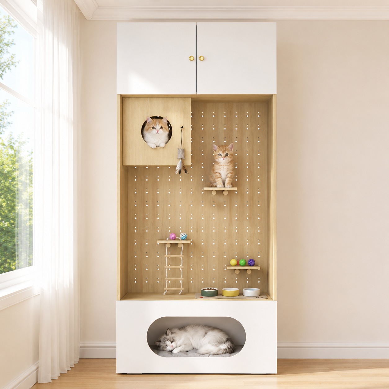 Armoire pour Chat Blanc et Bois, Mur d Escalade, Cachette Chat, Coussin Doux, Rangement - Particules et Bois - 90x50x200cm - Maison 6