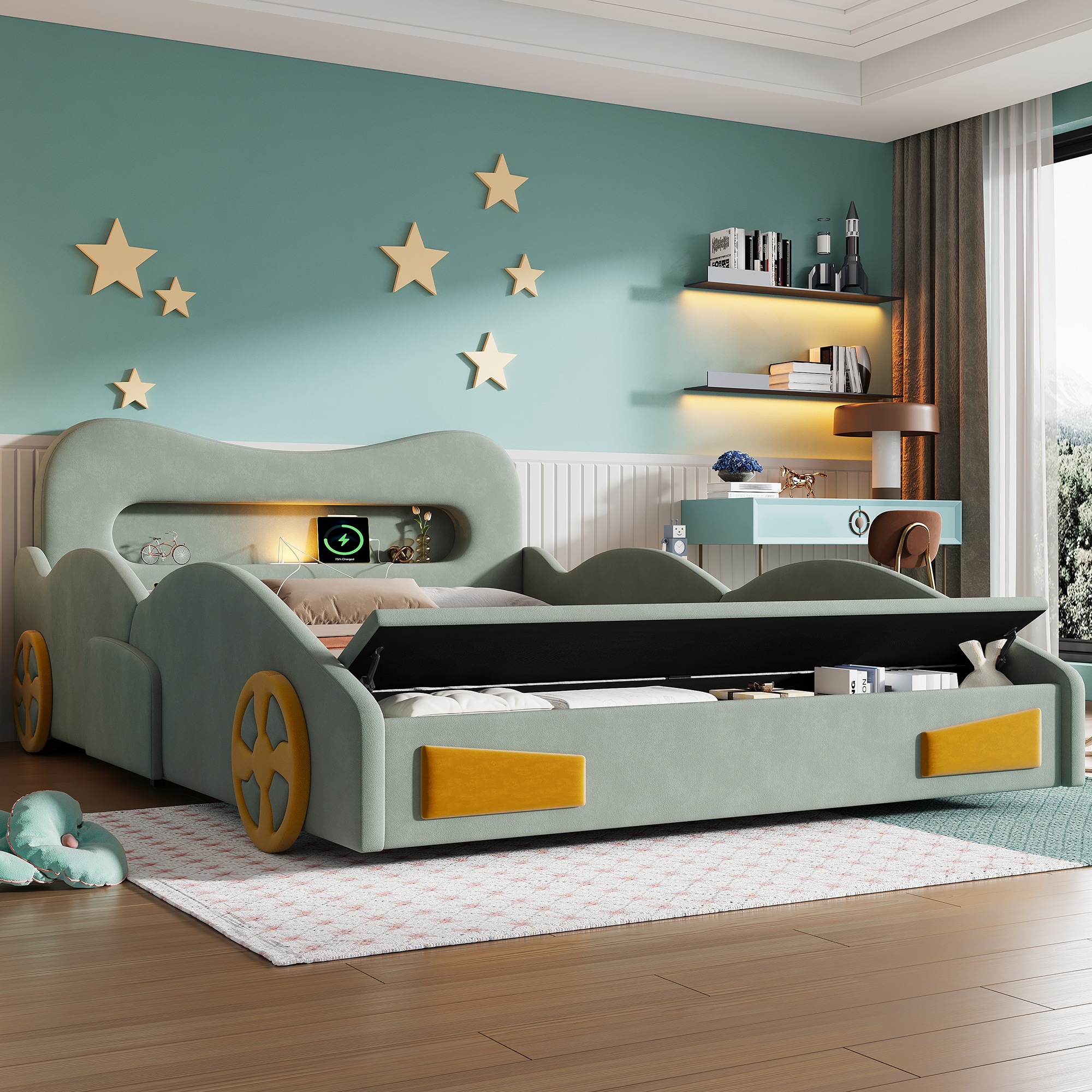 Lit Enfant Voiture Vert - Design Voiture, Rangement Intégré, Éclairage LED, USB et Type-C - Velours - 230.5×151×81cm 5