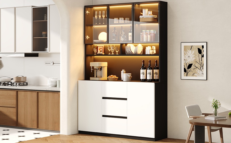 Vitrine Haute Noir et Blanc - Éclairage LED, 3 Tiroirs, 2 Portes, Étagères, Portes en Verre, Éclairage Connecté - MDF 1