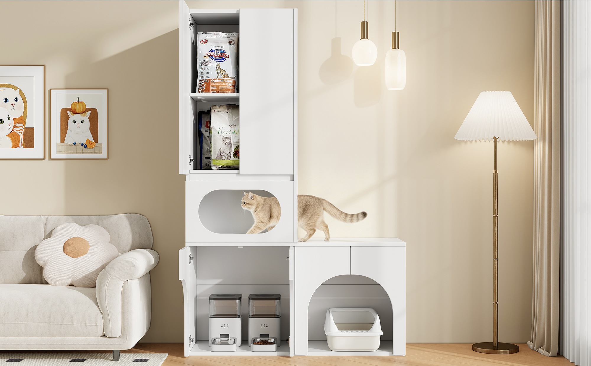 Bac à Litière pour Chat Blanc, Pour 2 Bacs à Litière, Niche Ovale, Zone de Repos, Rangement - MDF - 140x45x195cm - Maison 3