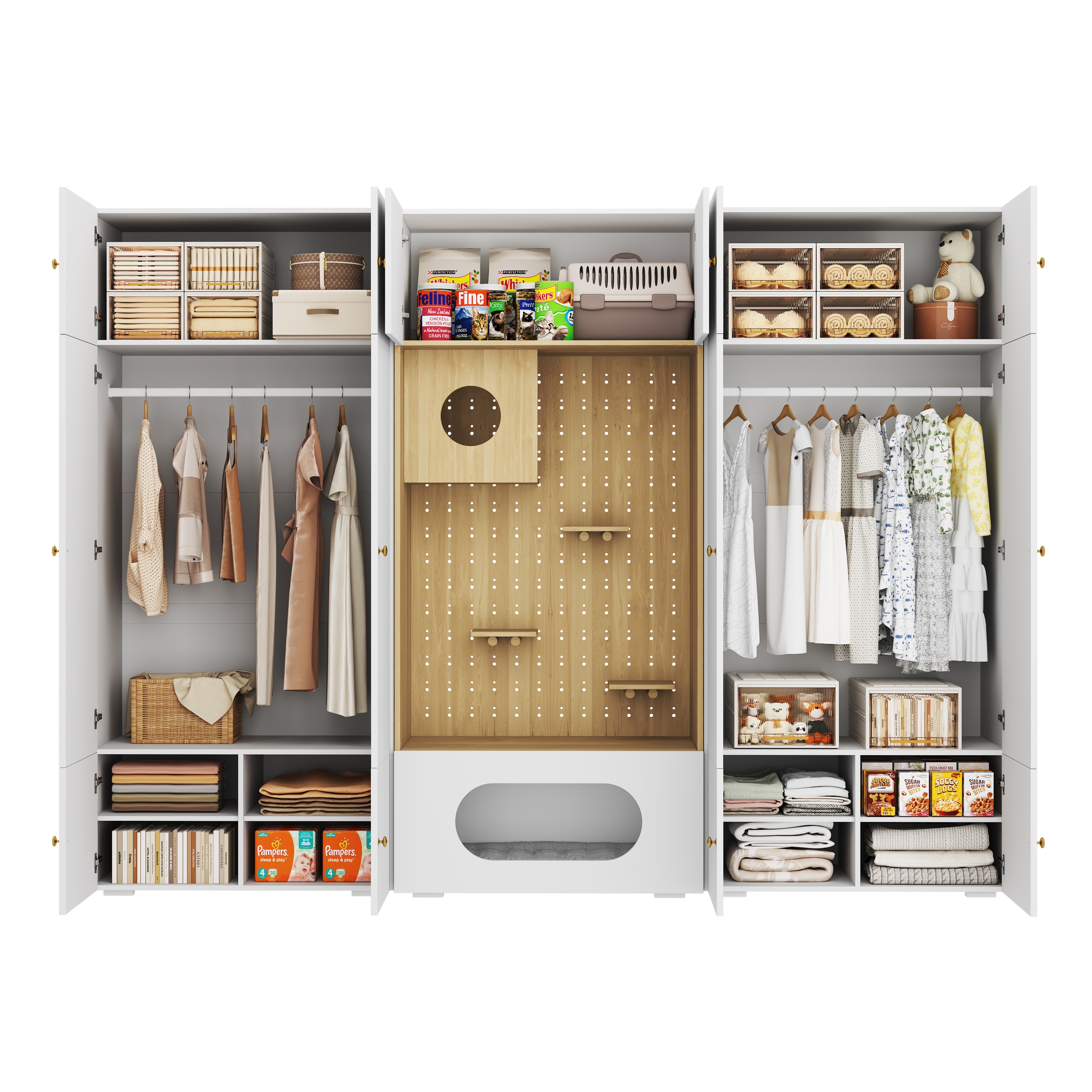 Armoire pour Chat Blanc et Bois, Mur d Escalade, Cachette Chat, Coussin Doux, Rangement - Particules et Bois - 270x50x200cm - Maison 1