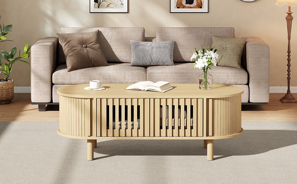 Table Basse Bois Naturel - 3 Portes, Plateau en Verre, Plateau Ovale, Pieds en Bois Massif, Jusqu'à 30 kg - MDF - 100×40×38cm 2