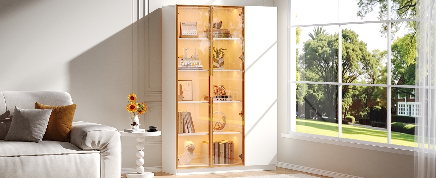 Vitrine Haute Blanc - Éclairage LED, 3 Portes, Étagères, Portes en Verre, Rangement à Vin - MDF - 110×35×165cm 4
