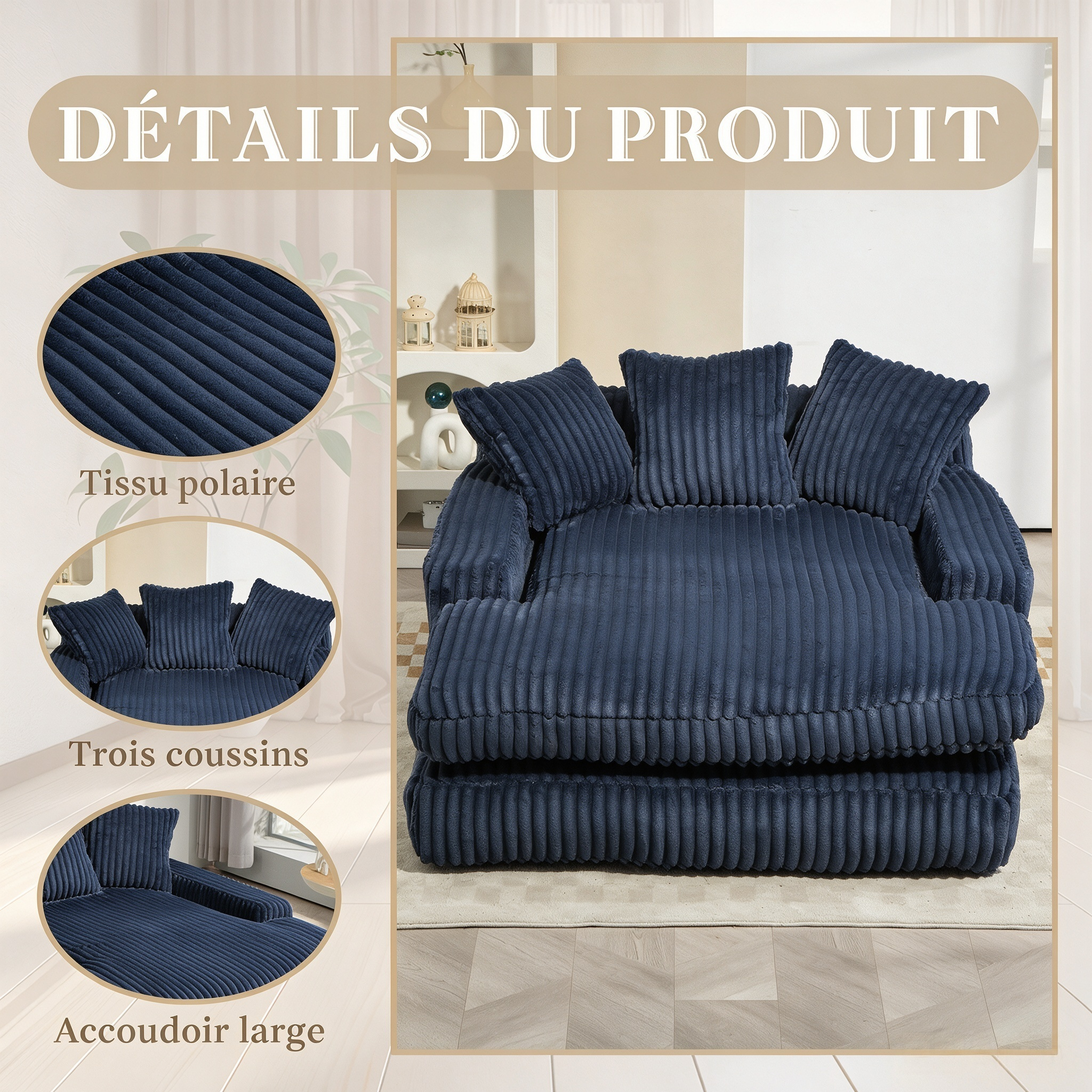Canapé-lit cloud en corduroy bleu marine avec 3 coussins - vue 3