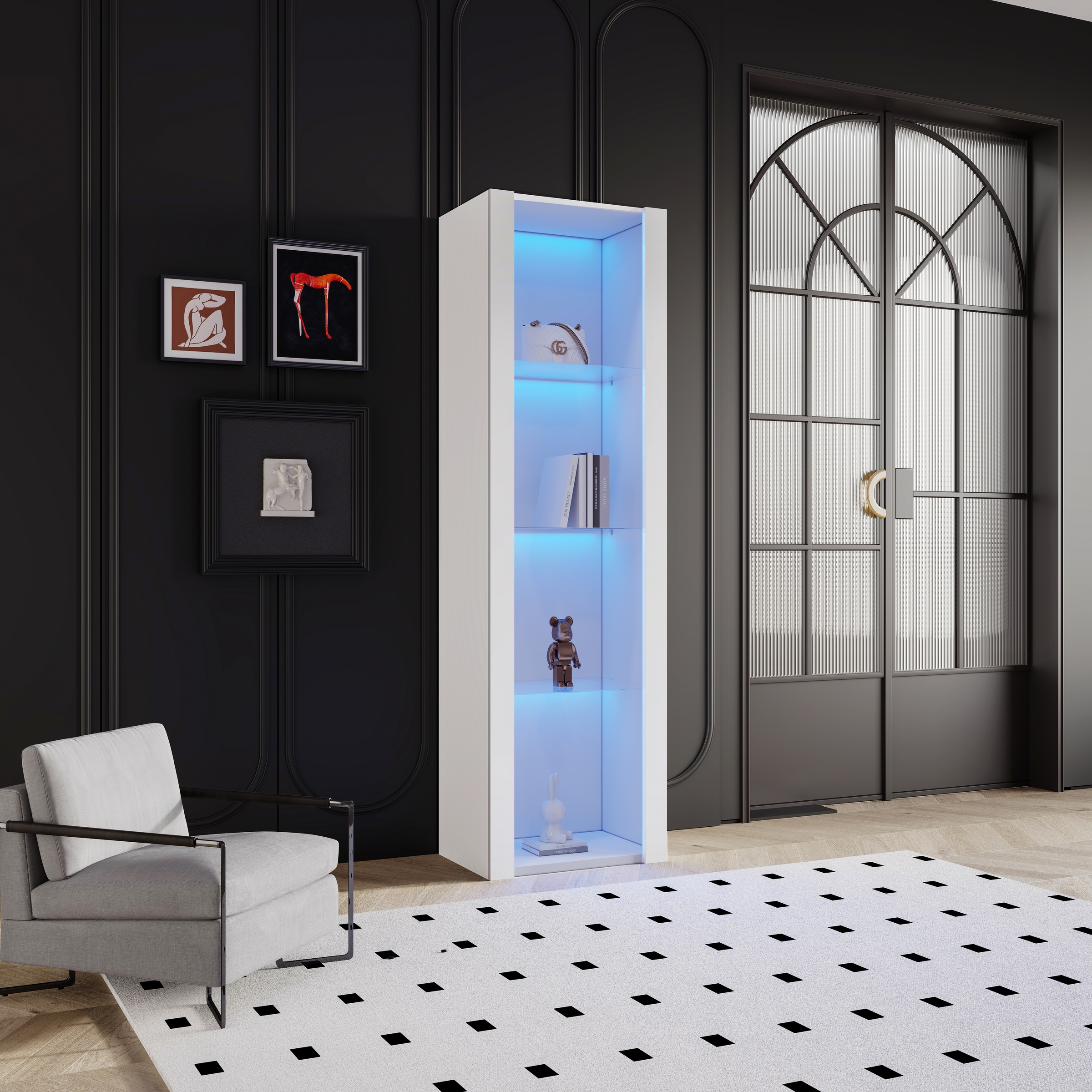 Vitrine Haute Blanc - Éclairage LED, Étagères, Portes en Verre, Éclairage Connecté - Panneaux de Particules - 55×38×166cm 4