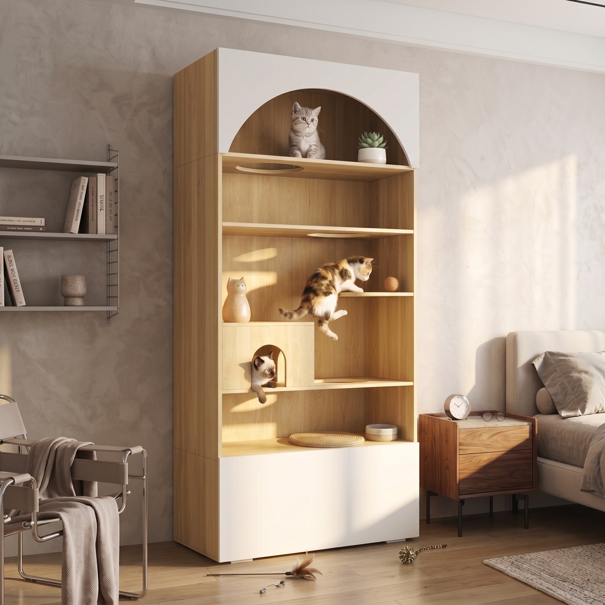 Armoire pour Chat Blanc et Bois, Mur d Escalade, Cachette Chat, Sans Coussin, Rangement - Particules et Bois - 90x50x200cm - Maison 3