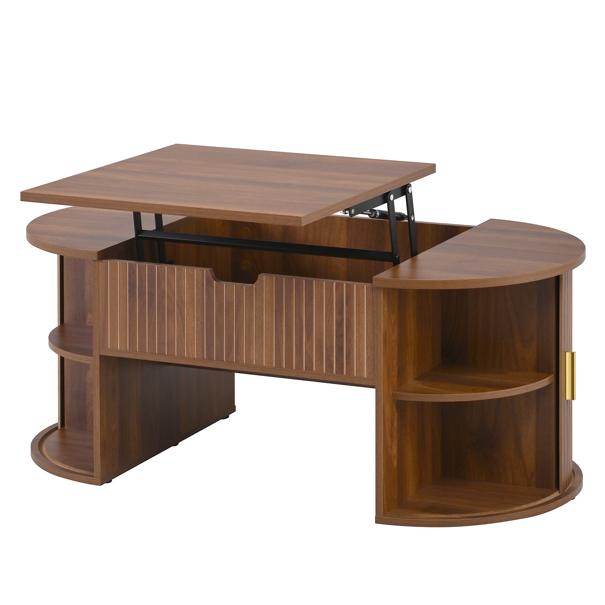 Table Basse Noyer, Rangement, Étagères Réglables, Plan Relevable, Portes Coulissantes, Design Moderne - MDF - 100x50x40.5cm - Salon 5