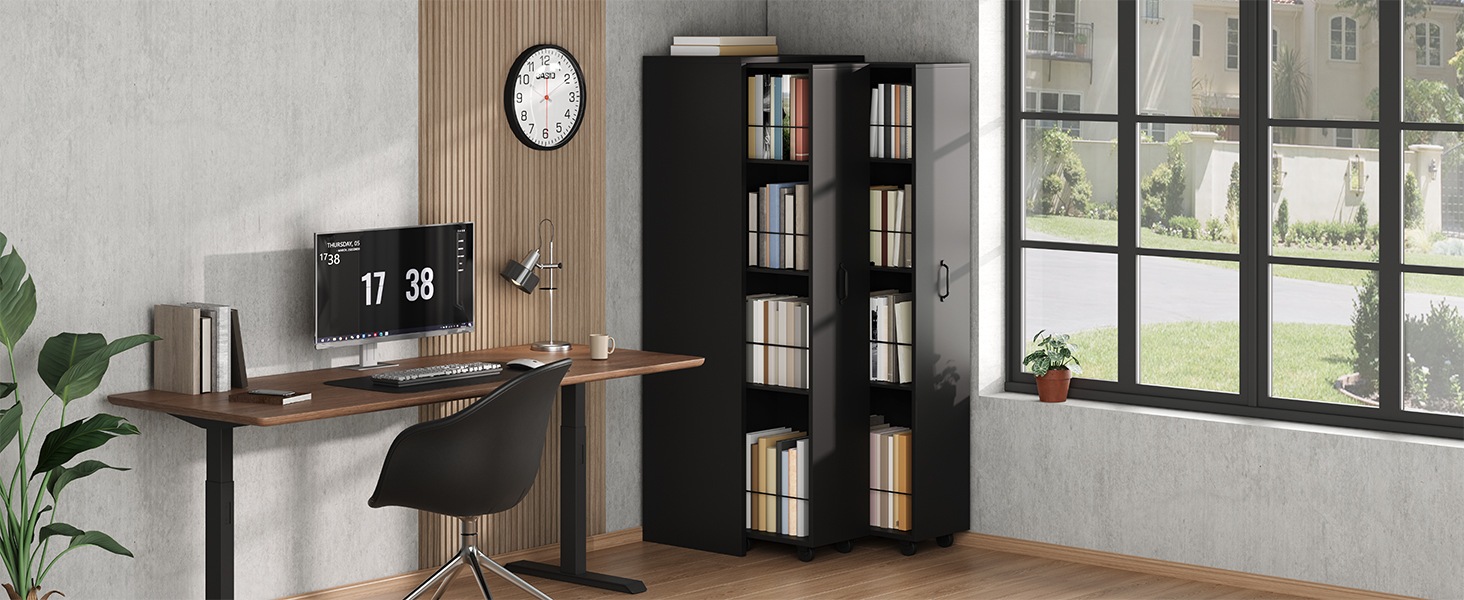 Bibliothèque Noir - Tiroirs, Étagères, Avec Roulettes - MDF - 51.5×41×158cm - Salon et Salle à Manger 4