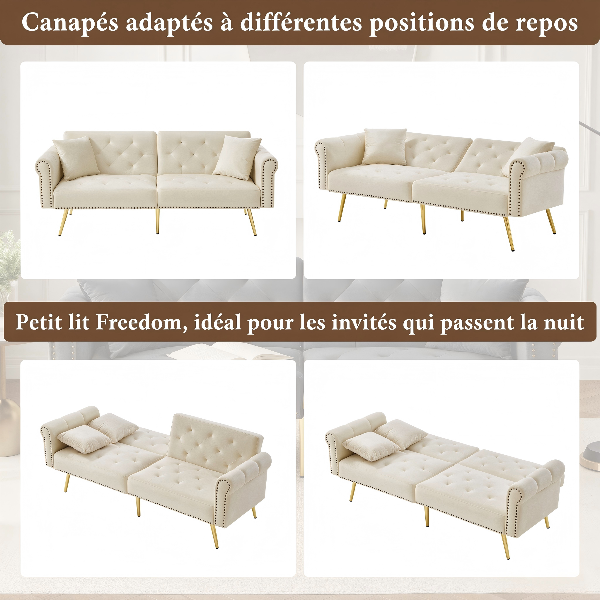 Canapé-lit 2 places moderne en velours beige - vue 4