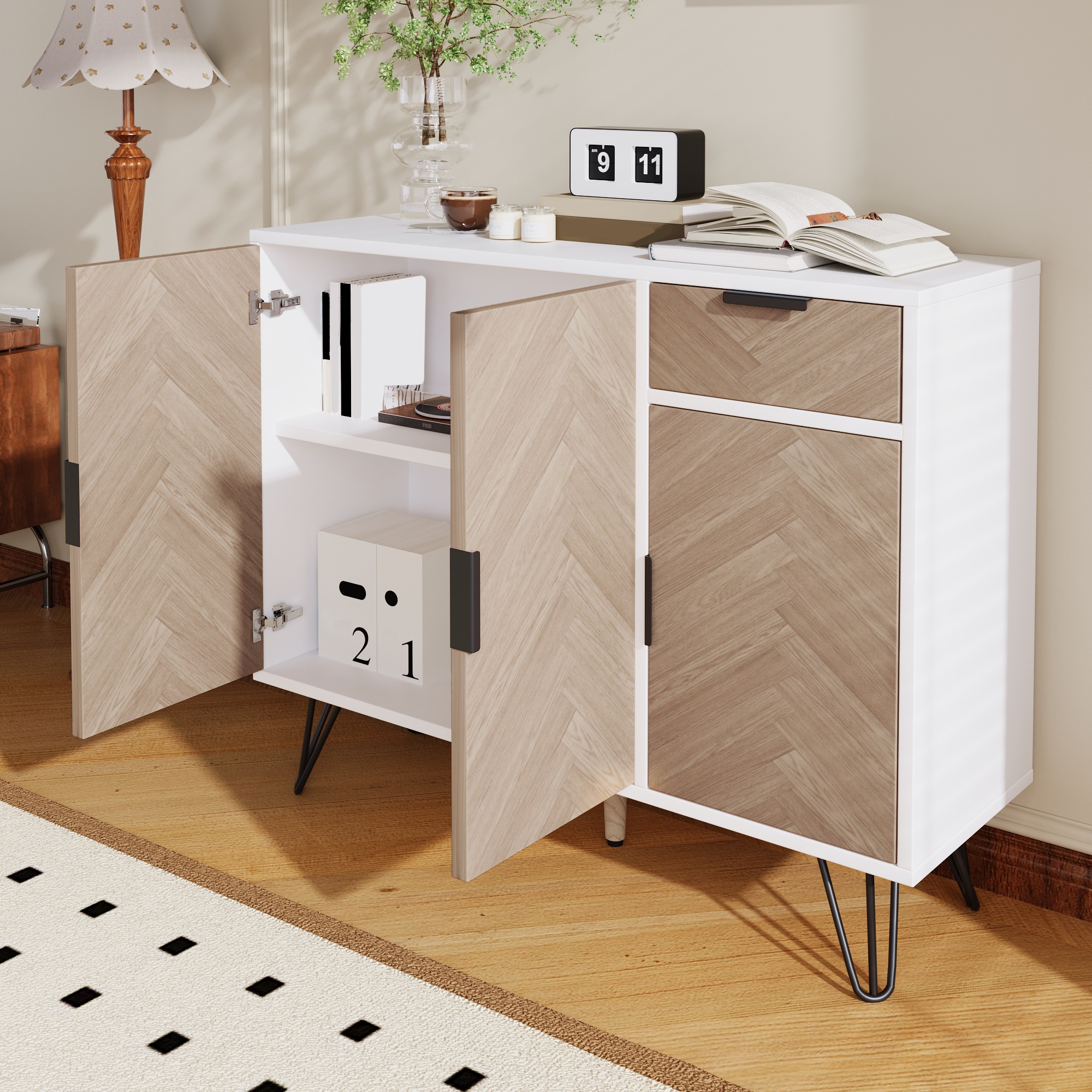 Buffet Blanc et Bois - 1 Tiroir, Portes, Étagères, Fermeture Douce - MDF et Panneaux de Particules - 90×30×71.5cm 1