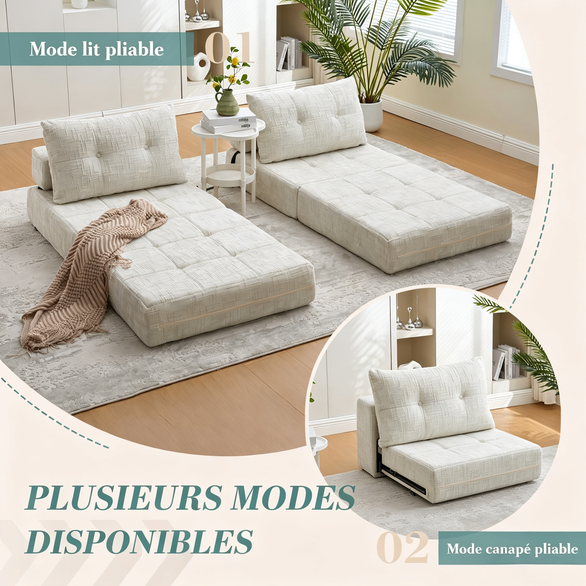 Canapé-lit pliable beige en chenille avec coussin 79x79x57 cm - vue 2