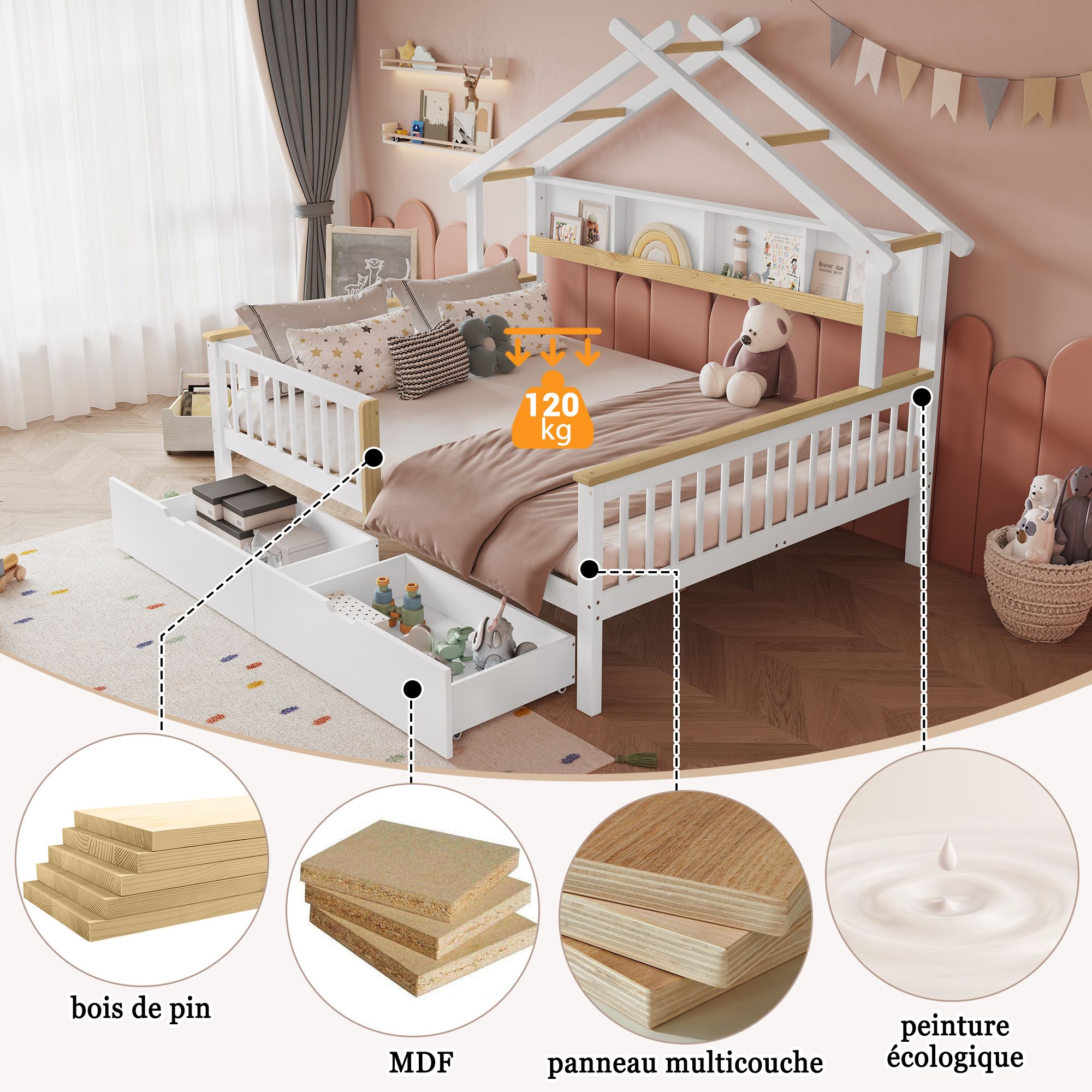 Lit enfant en forme de maison avec barrières et tiroirs, pin et MDF, blanc et naturel, 140x200 cm 4