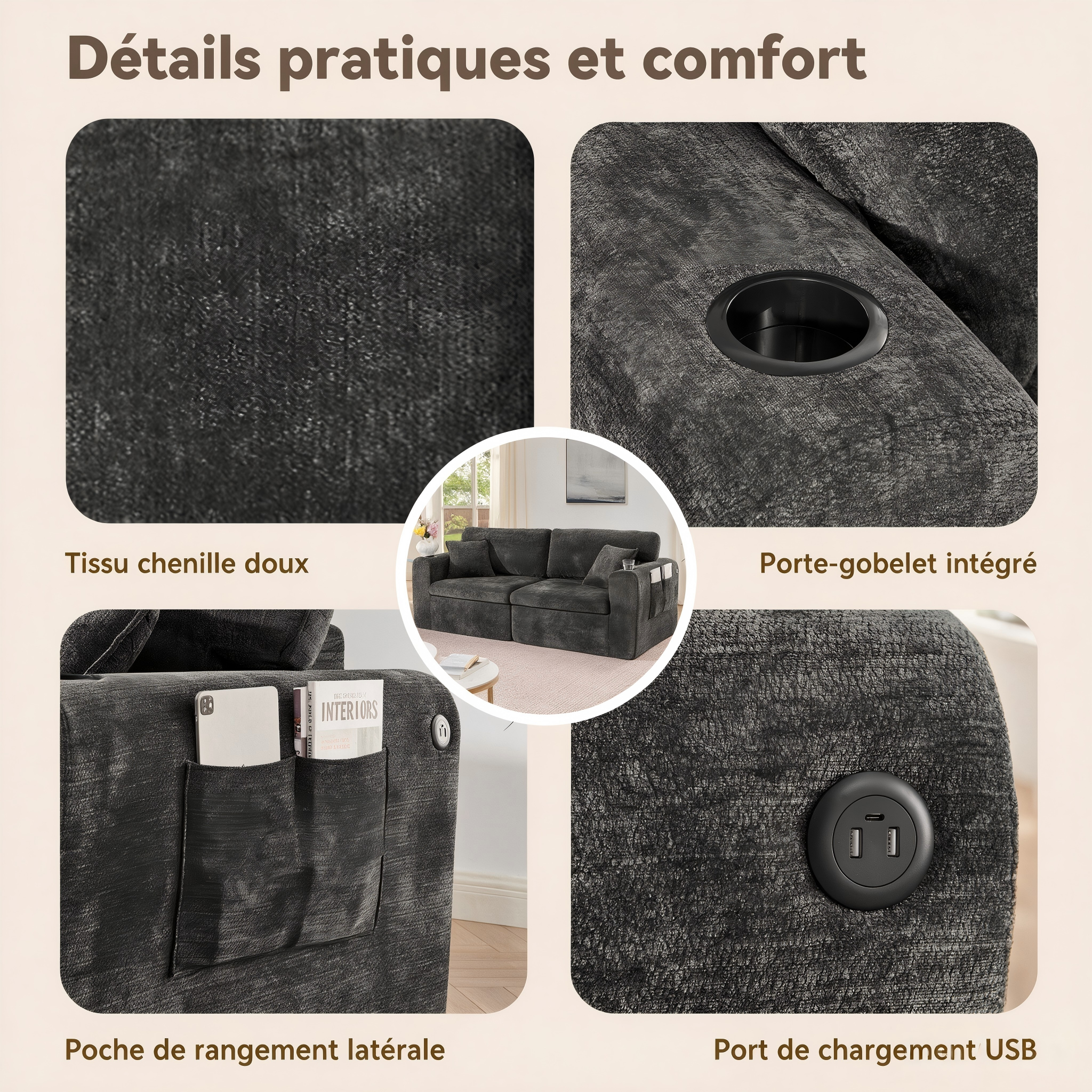 Canapé relax 2 places en chenille noir avec USB et porte-gobelets - vue 4
