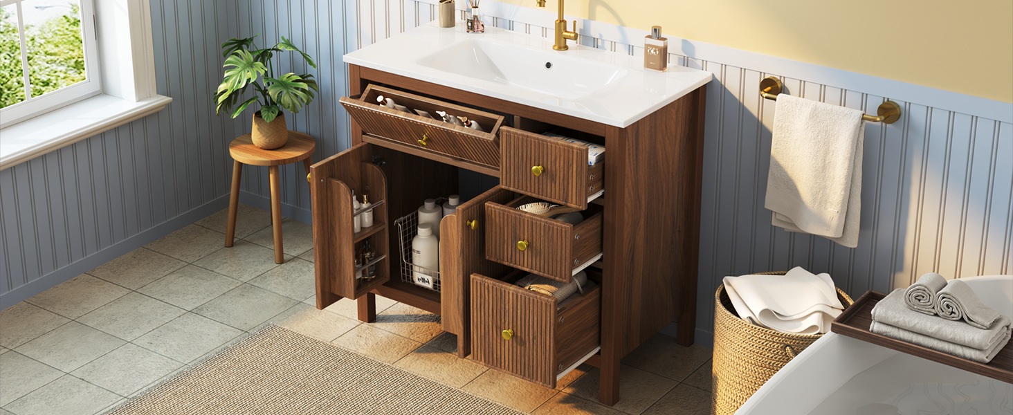 Meuble de Salle de Bain Noyer, Rangement, Fermeture Douce, Plan Relevable - MDF et Bois - 91x48x88cm - Salle de Bain 5