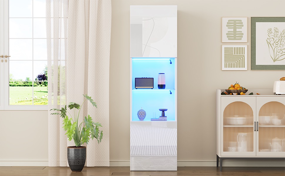 Vitrine Haute Blanc - Éclairage LED, Portes, Étagères, Portes en Verre, Éclairage Connecté - Panneaux de Particules - 45×35×160cm 1