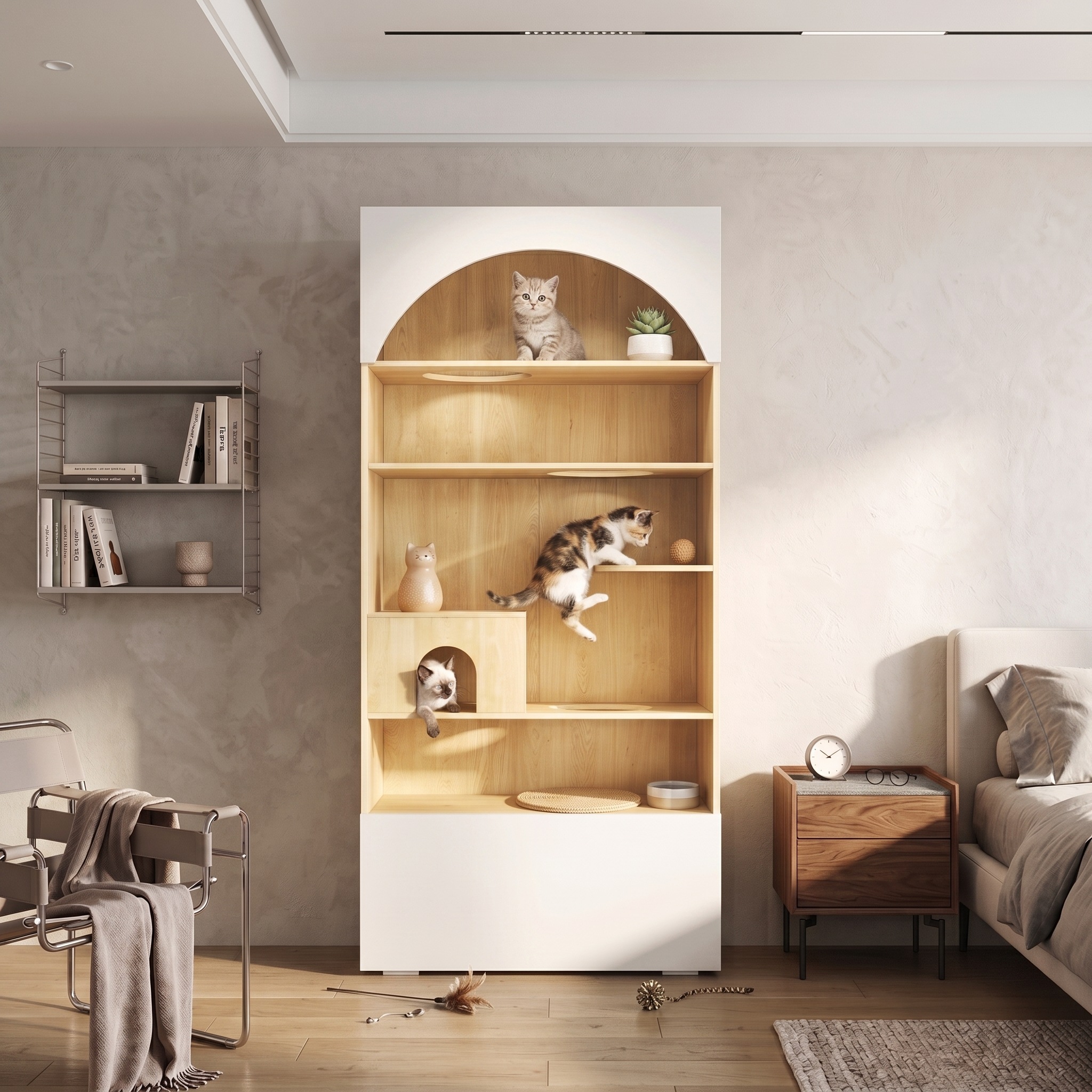 Armoire pour Chat Blanc et Bois, Mur d Escalade, Cachette Chat, Sans Coussin, Rangement - Particules et Bois - 90x50x200cm - Maison 4