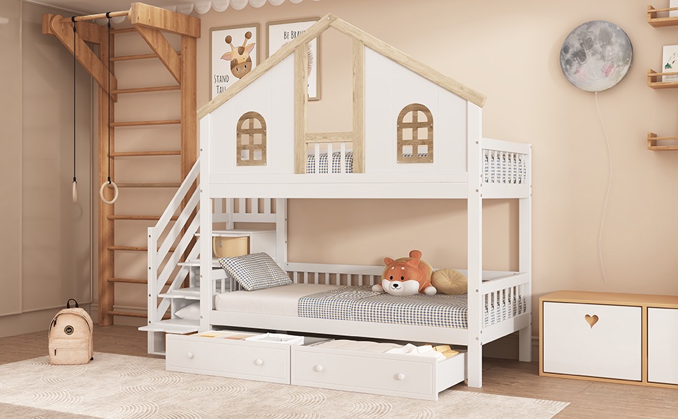 Lit superposé enfant 90×200 cm - Design maison - Escalier de rangement - Tiroirs - Barrière de sécurité - Bois - Blanc et naturel 6