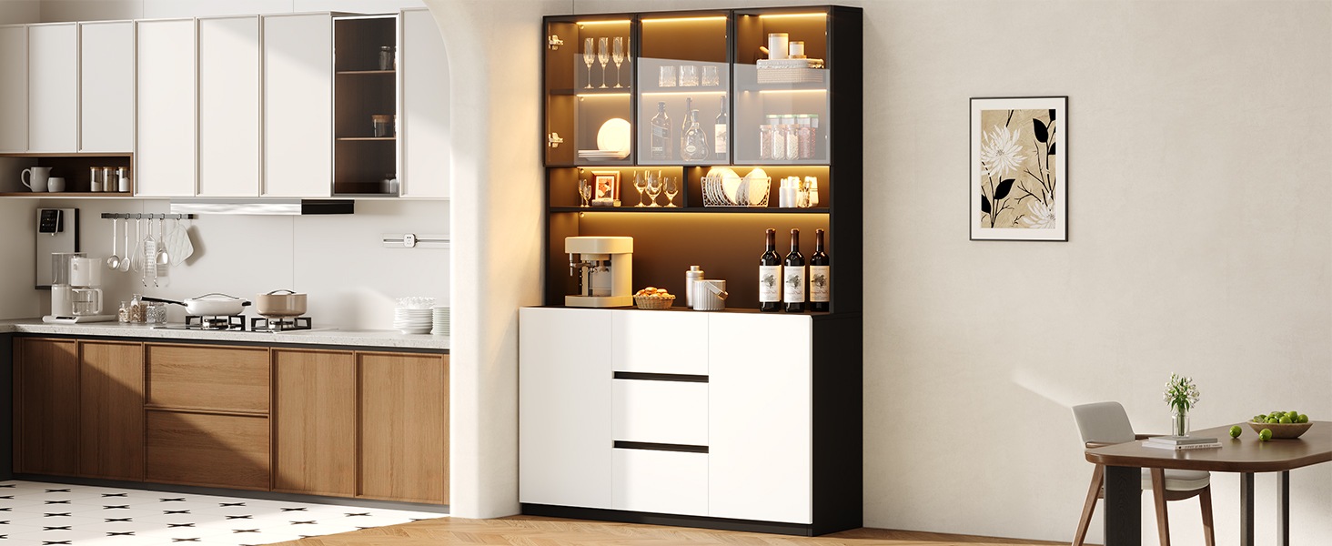 Vitrine Haute Noir et Blanc - Éclairage LED, 3 Tiroirs, 2 Portes, Étagères, Portes en Verre, Éclairage Connecté - MDF 3