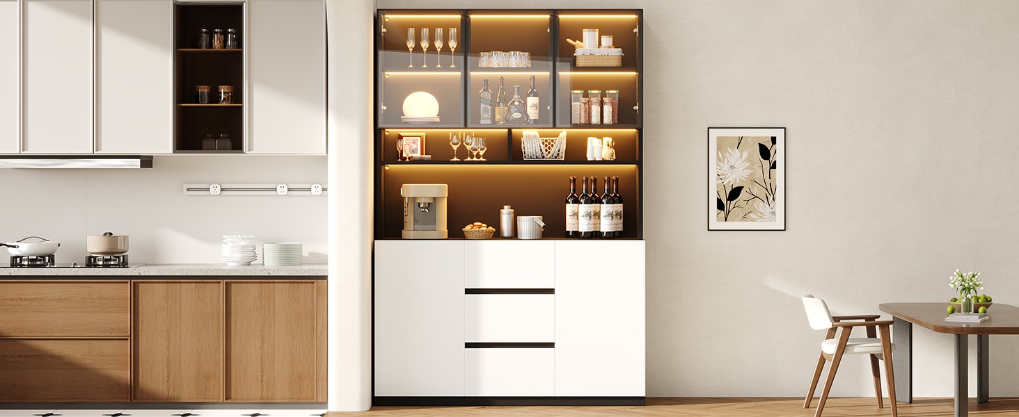 Vitrine Haute Noir et Blanc - Éclairage LED, 3 Tiroirs, 2 Portes, Étagères, Portes en Verre, Éclairage Connecté - MDF 4