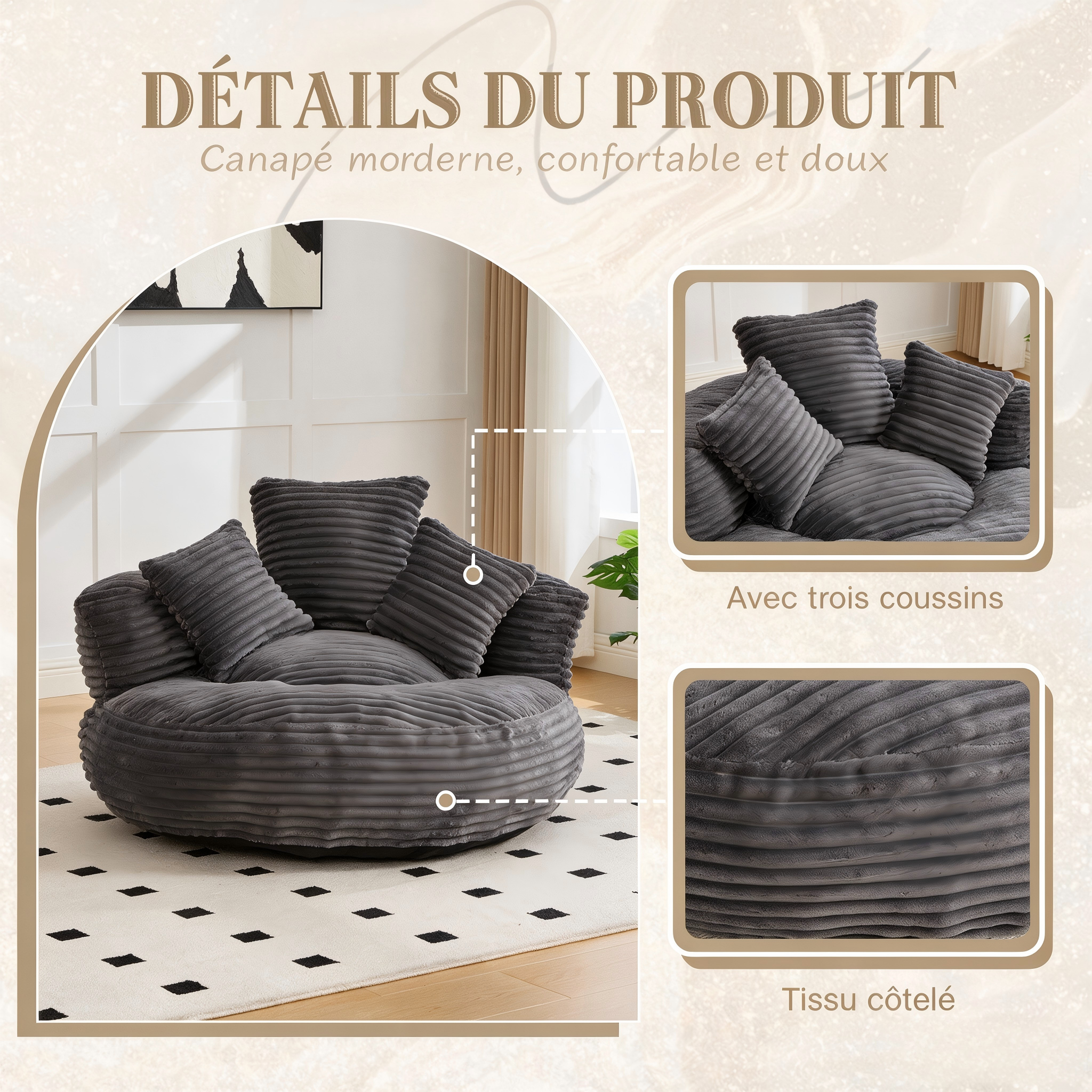 Pouf fauteuil en corduroy gris foncé - vue 3