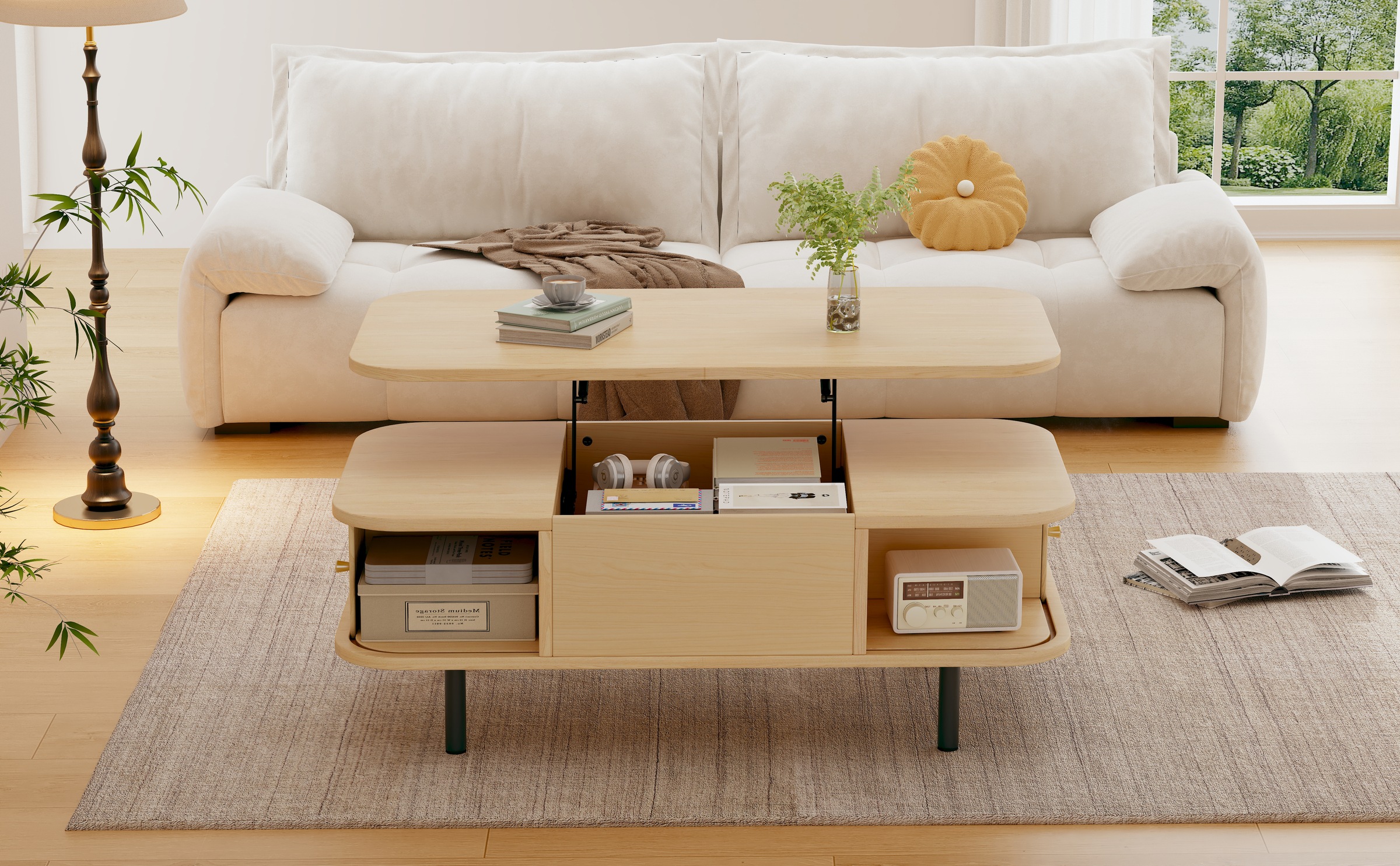 Table Basse Bois Naturel - Plateau Relevable, 2 Portes à Rideau, 3 Compartiments de Rangement, Format Carré - MDF - 101×51×52.5cm 1