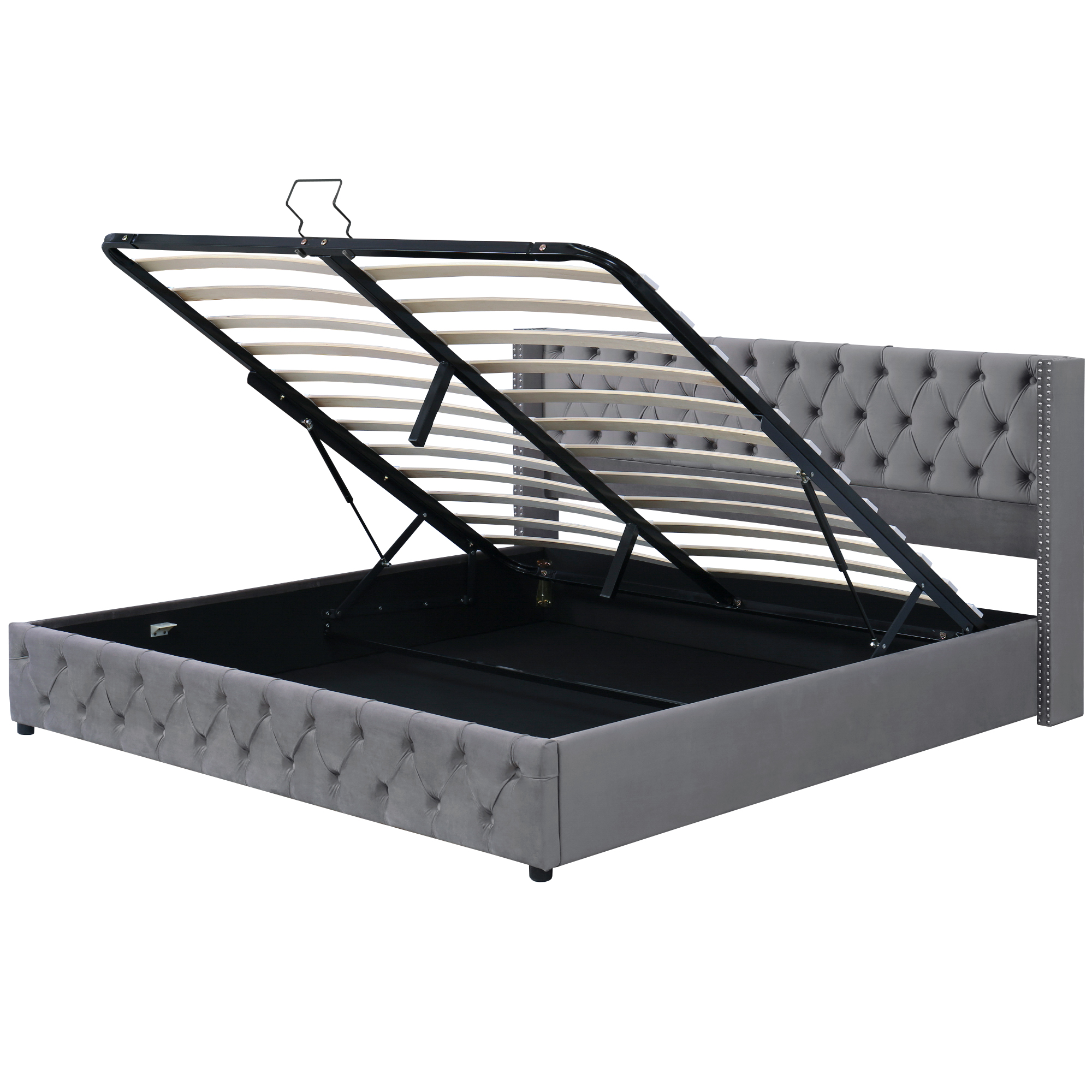 Lit rembourré double 140 x 200 cm, tête en oreille capitonnée, coffre hydraulique, velours gris, 209 x 149,5 x 94,5 cm