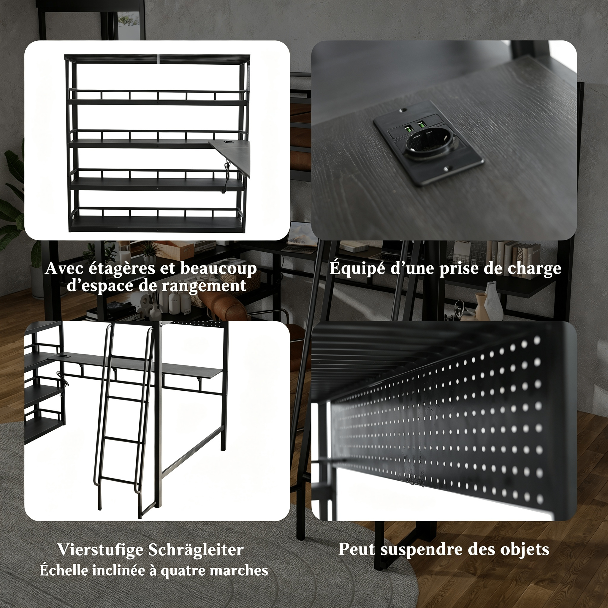 Lit mezzanine en fer noir avec étagères, rangements et prise de charge, 140x200 cm 6