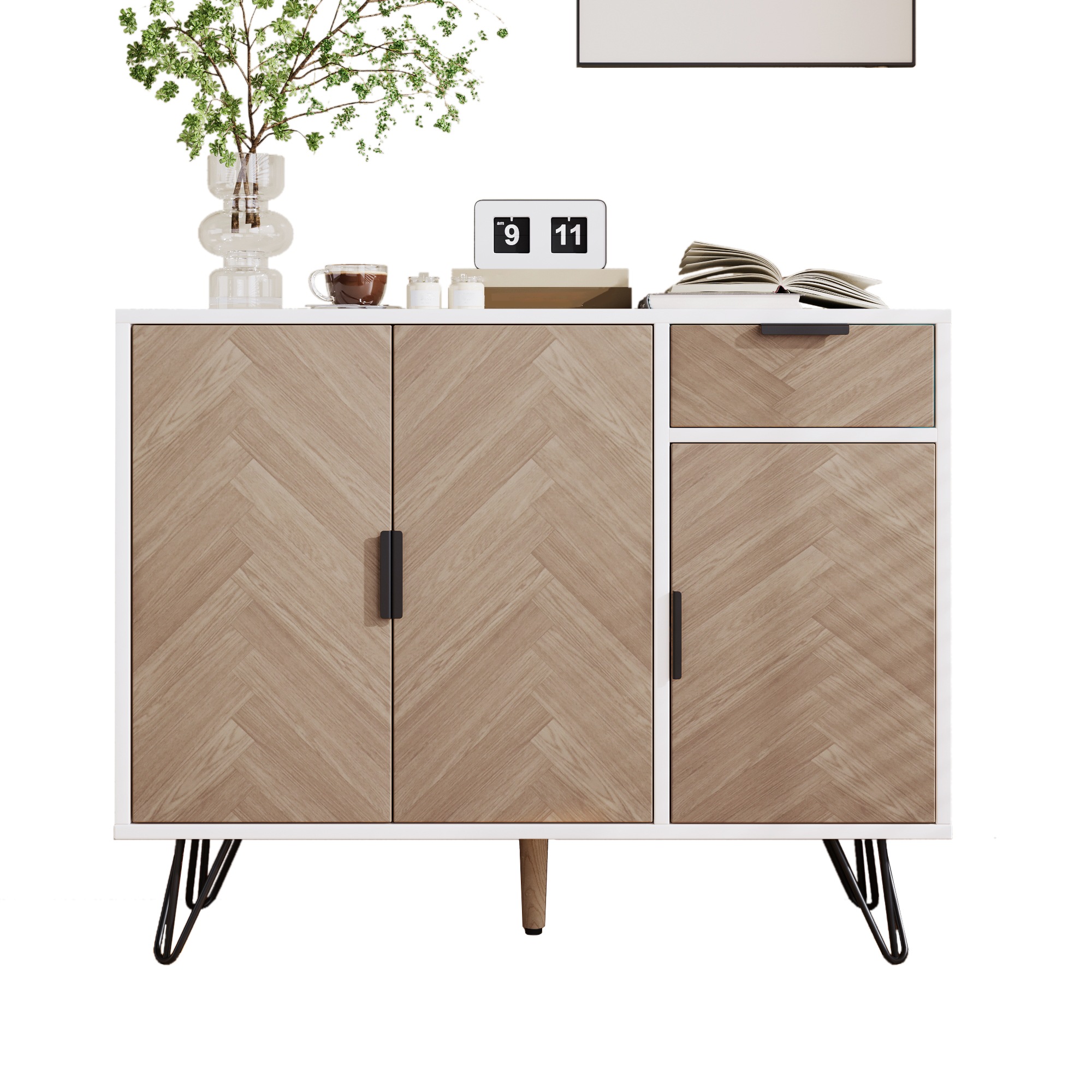Buffet Blanc et Bois - 1 Tiroir, Portes, Étagères, Fermeture Douce - MDF et Panneaux de Particules - 90×30×71.5cm 5