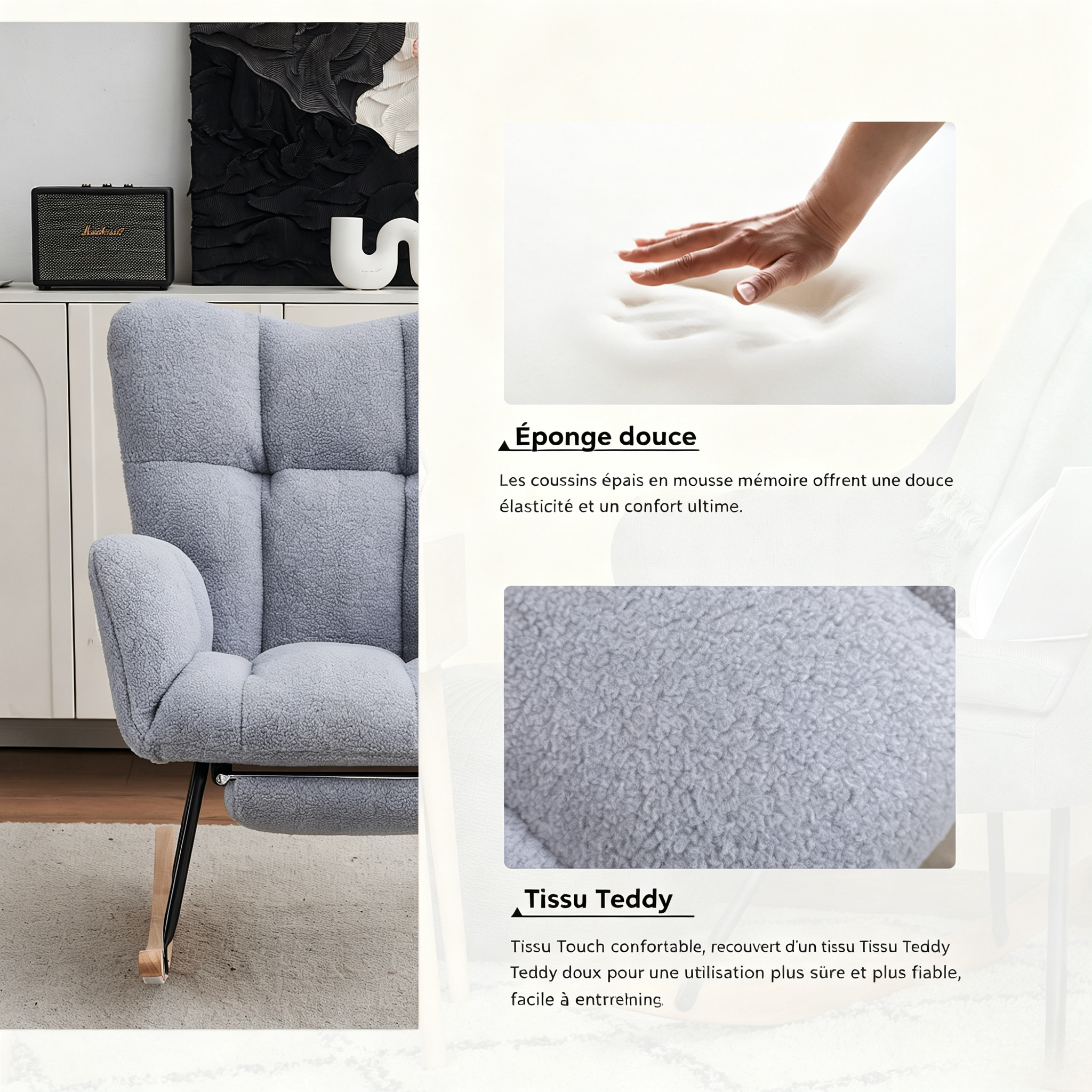 Fauteuil à bascule gris en Teddy - vue 2