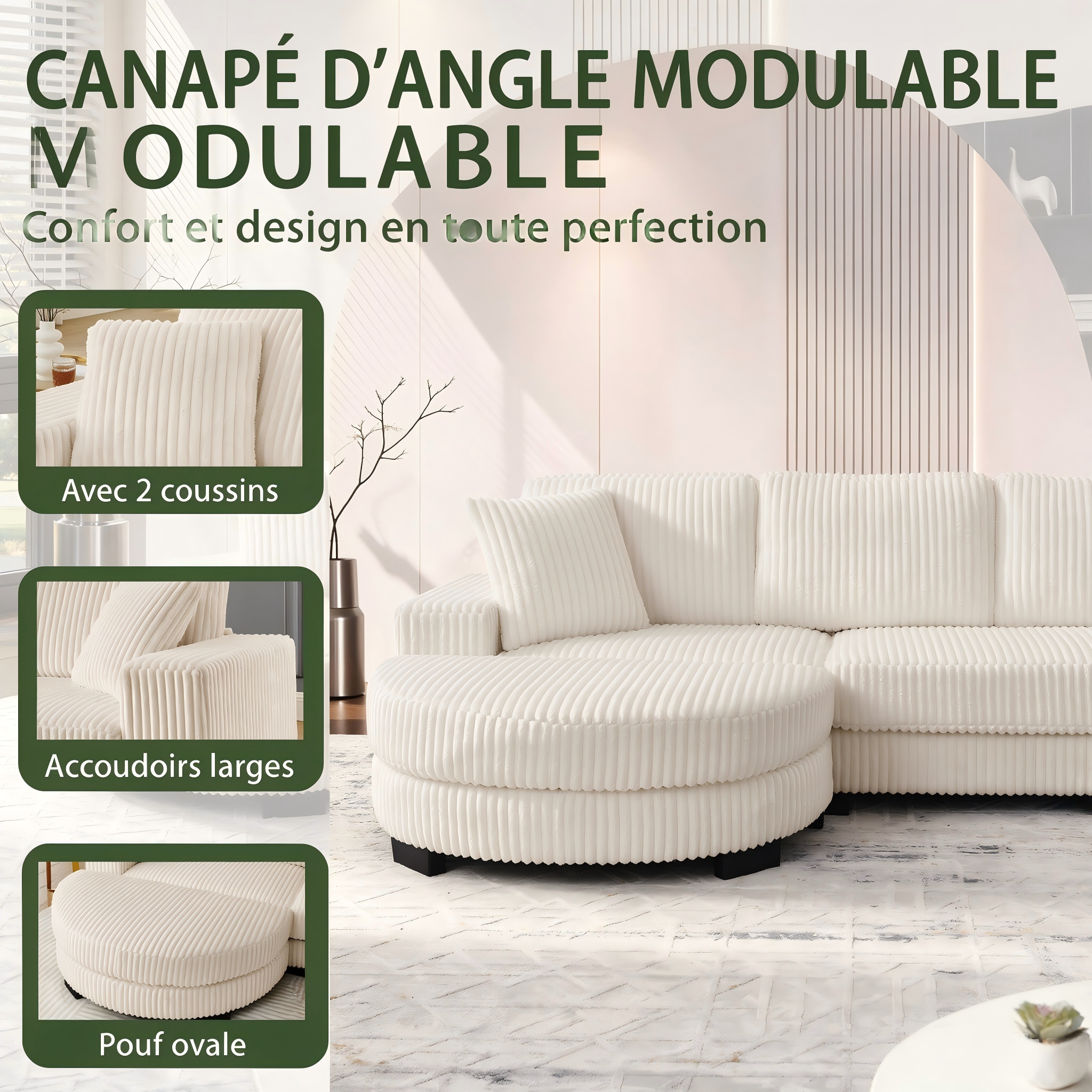 Canapé d angle 4 places en corduroy beige avec pouf - vue 2