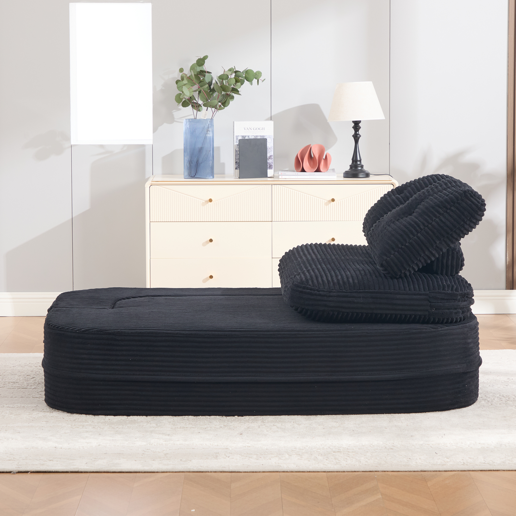 Fauteuil-lit 2-en-1 en corduroy noir avec repose-bras réglable - vue 3