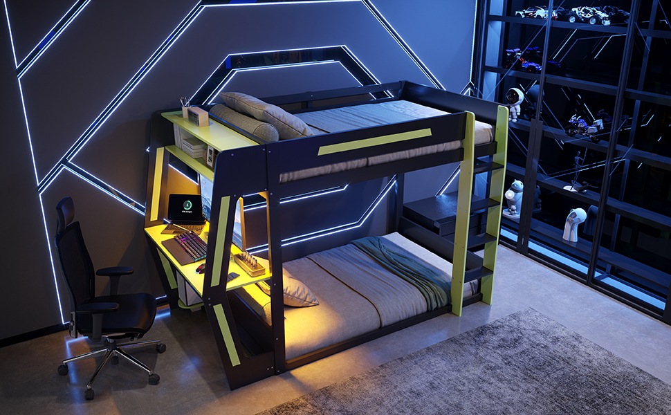 Lit mezzanine gamer 120×200 cm - Bureau gaming - Espace PC - Rangement - LED - Structure métal - Noir et vert 3