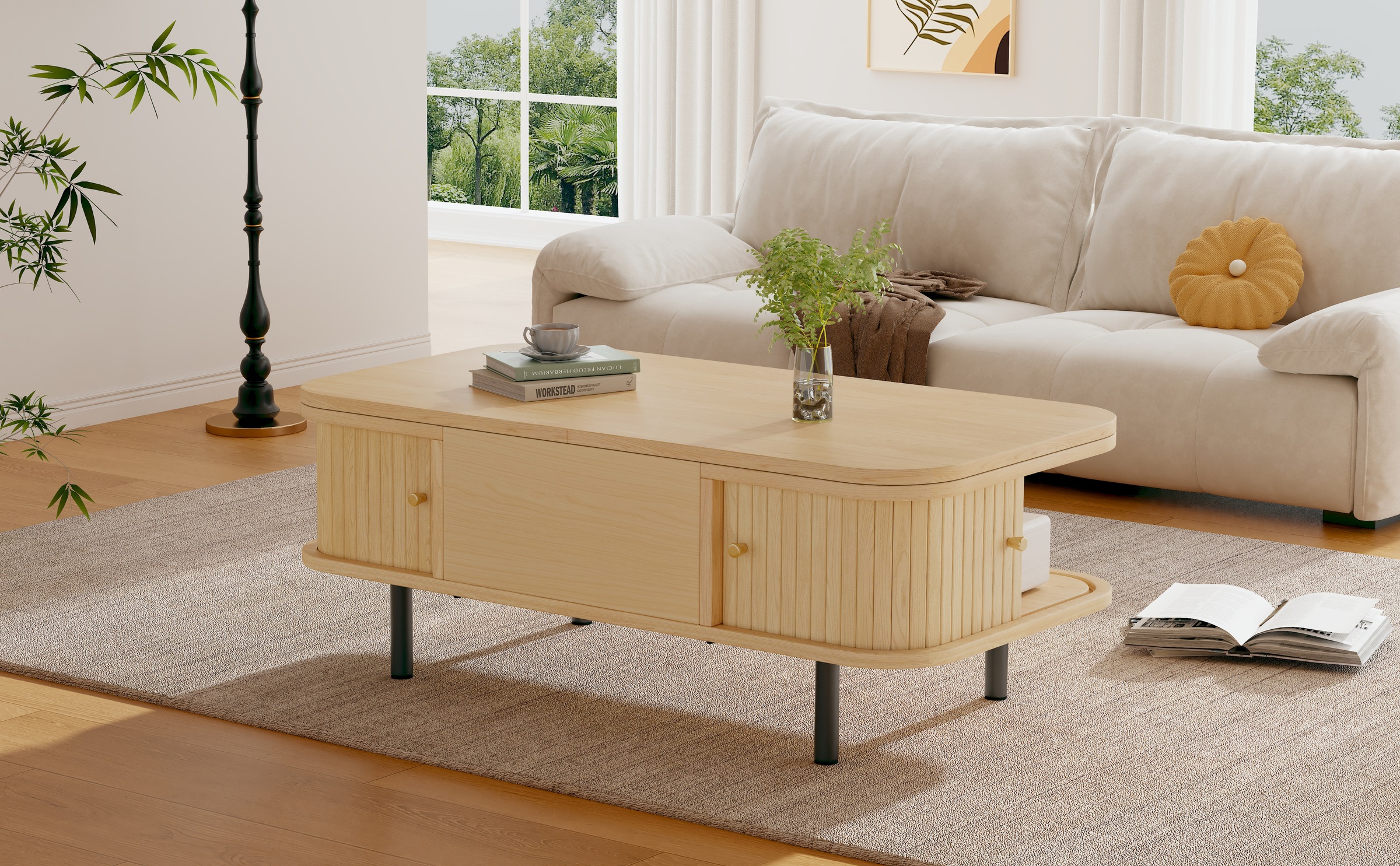 Table Basse Bois Naturel - Plateau Relevable, 2 Portes à Rideau, 3 Compartiments de Rangement, Format Carré - MDF - 101×51×52.5cm 2