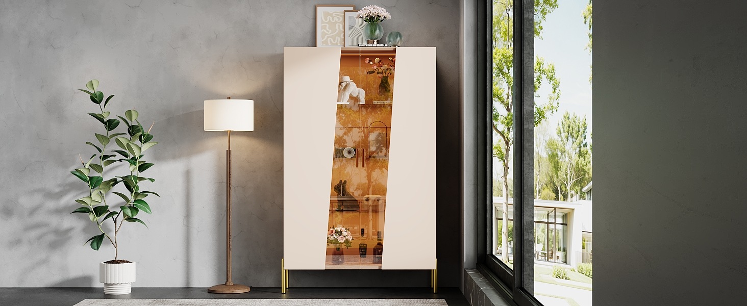 Vitrine Haute Beige - Éclairage LED, Portes, Étagères, Portes en Verre, Fermeture Douce - MDF et Verre - 72×40×145cm 3