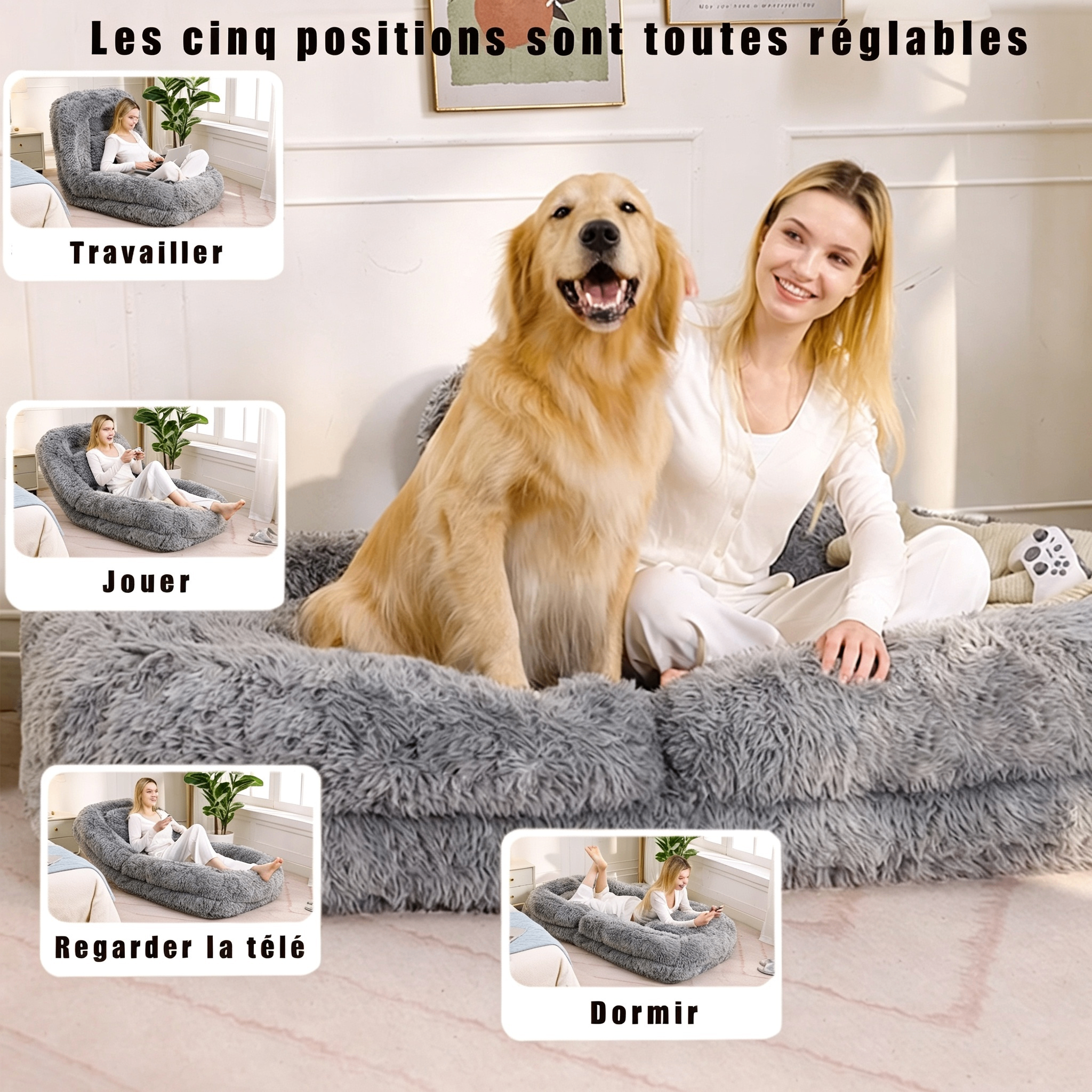 Lit chien humain gris clair 5 positions réglables - vue 2