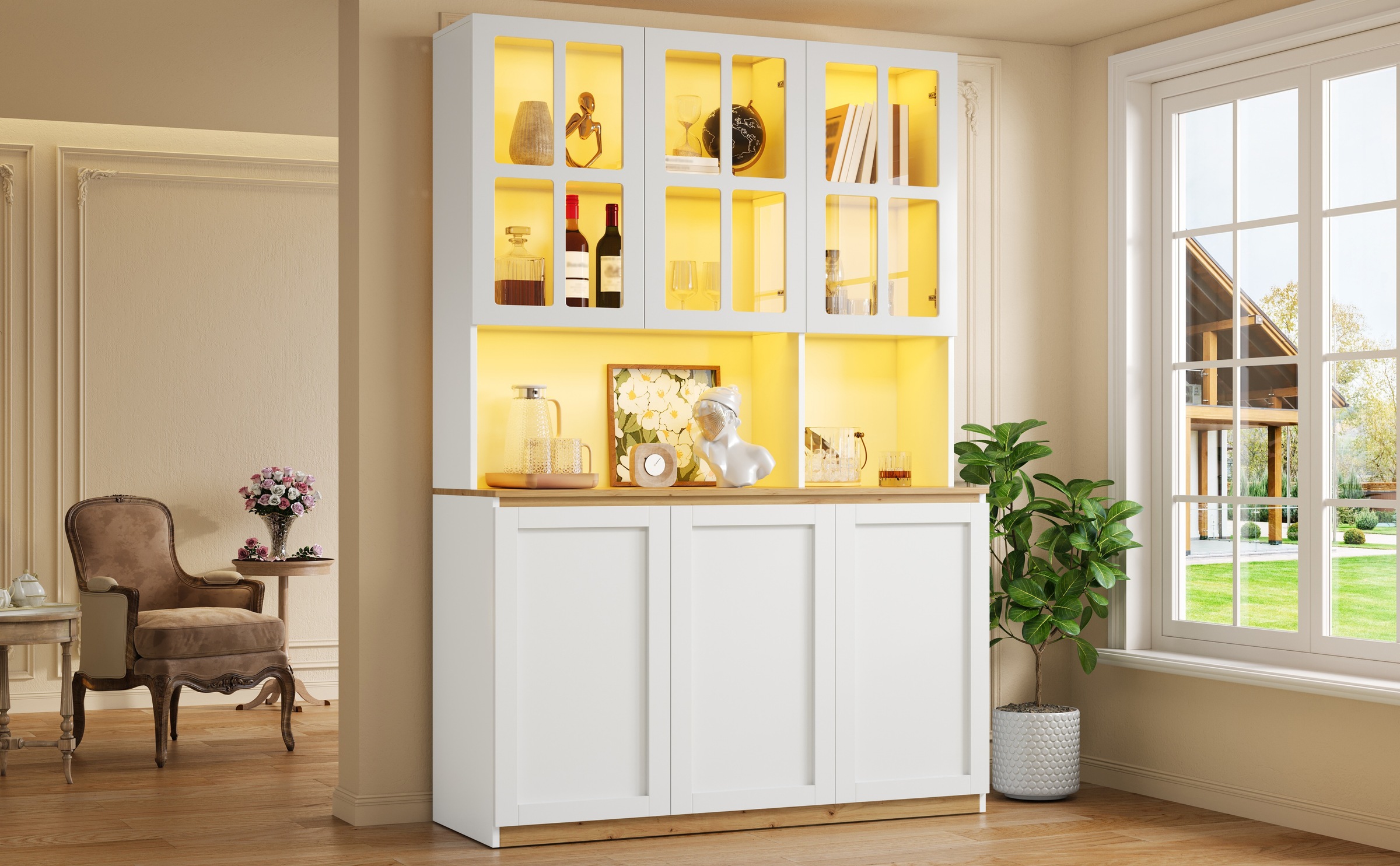 Vitrine Haute Blanc et Chêne - Éclairage LED, Portes, Étagères, Portes en Verre, Fermeture Douce, Rangement à Vin - MDF et Verre 1