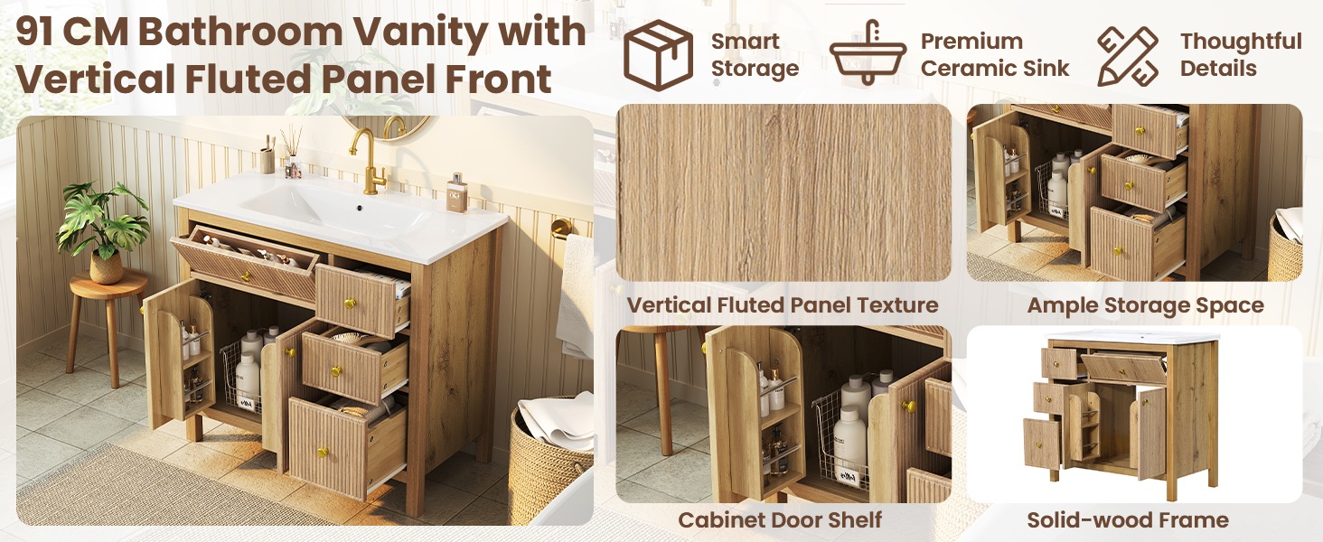 Meuble Vasque Bois Naturel - Lavabo en Céramique Intégré, 4 Tiroirs, 2 Portes - Céramique, Bois Massif et MDF - 91×48×88cm 2