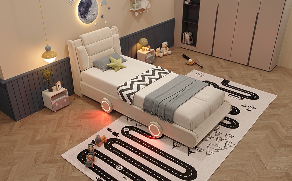 Lit Enfant Voiture Beige - Design Voiture, Éclairage LED, Sommier à Lattes - Velours - 227×103.5×109cm - Chambre et Salon 3