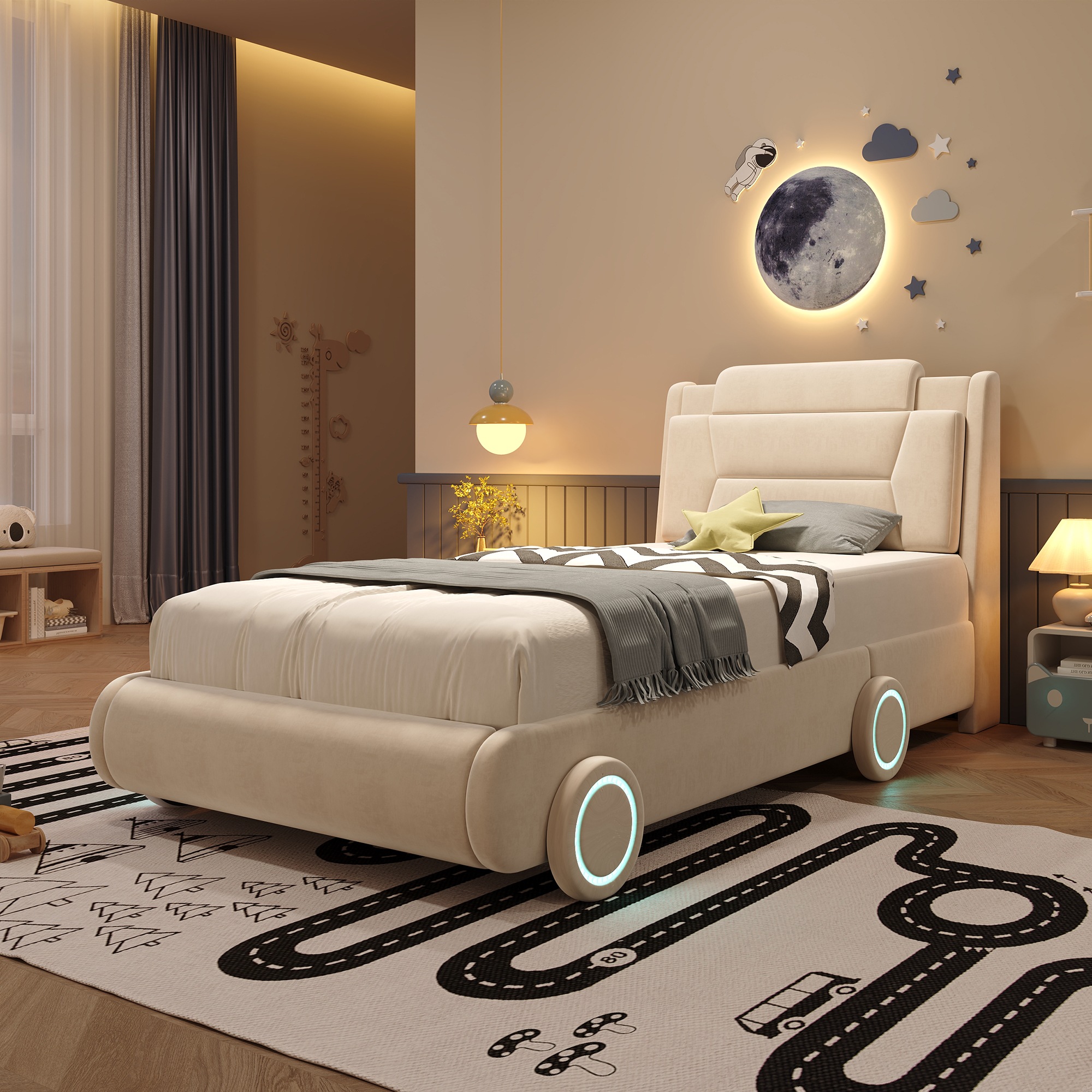Lit Enfant Voiture Beige - Design Voiture, Éclairage LED, Sommier à Lattes - Velours - 227×103.5×109cm - Chambre et Salon 4
