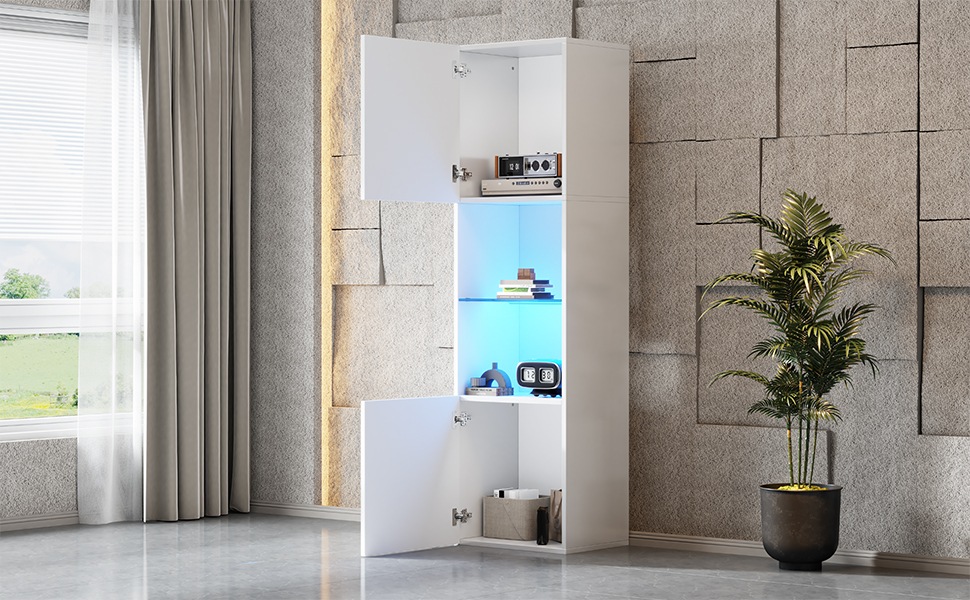Vitrine Haute Blanc - Éclairage LED, Portes, Étagères, Portes en Verre, Éclairage Connecté - Panneaux de Particules - 45×35×160cm 2