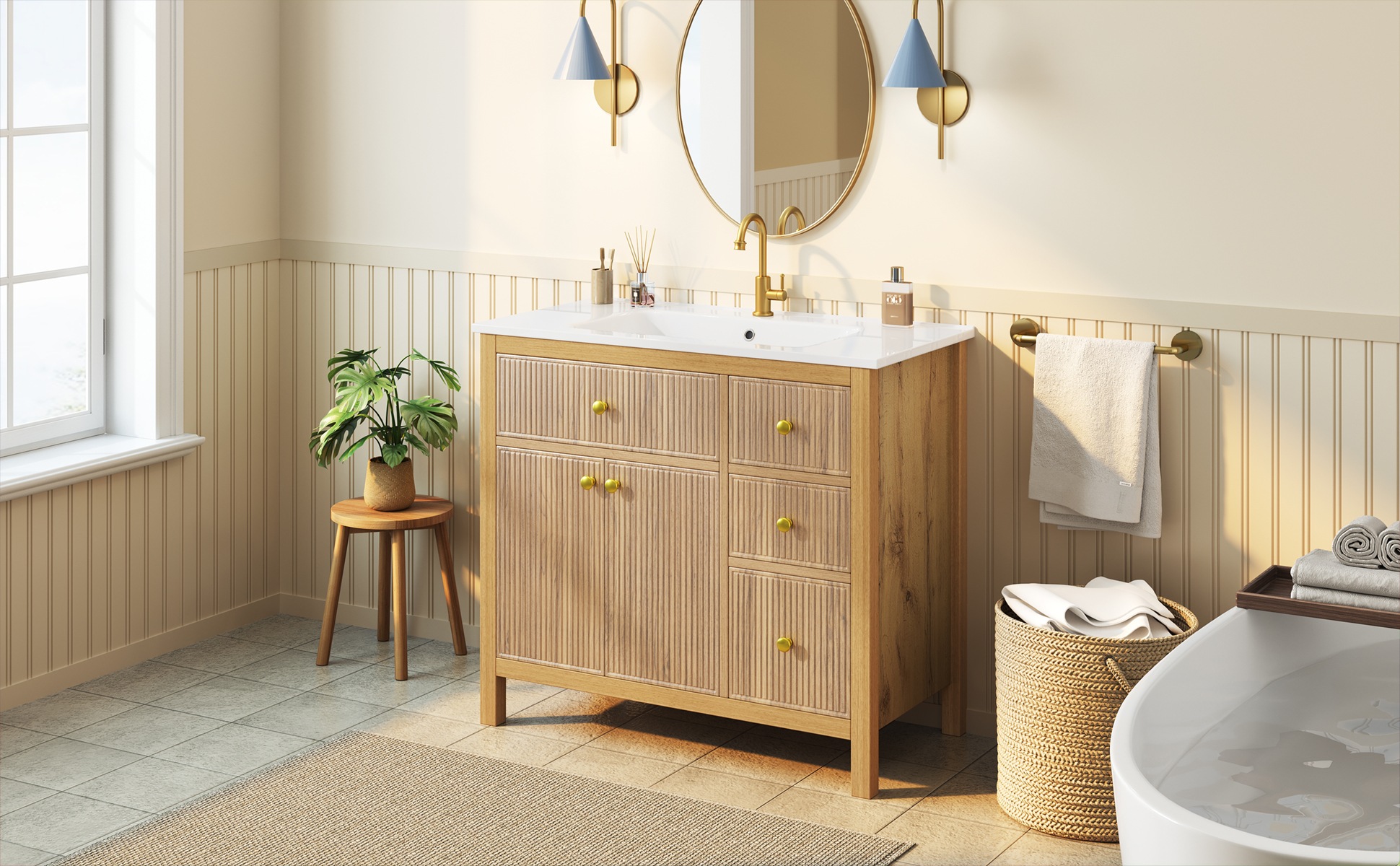 Meuble Vasque Bois Naturel - Lavabo en Céramique Intégré, 4 Tiroirs, 2 Portes - Céramique, Bois Massif et MDF - 91×48×88cm 3