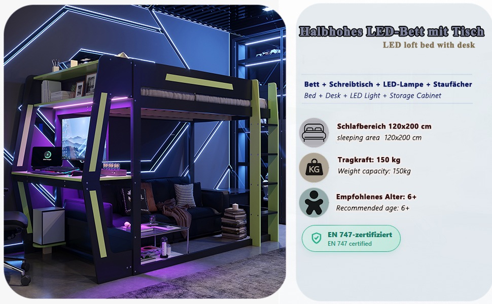 Lit mezzanine gamer 120×200 cm - Bureau gaming - Espace PC - Rangement - LED - Structure métal - Noir et vert 1