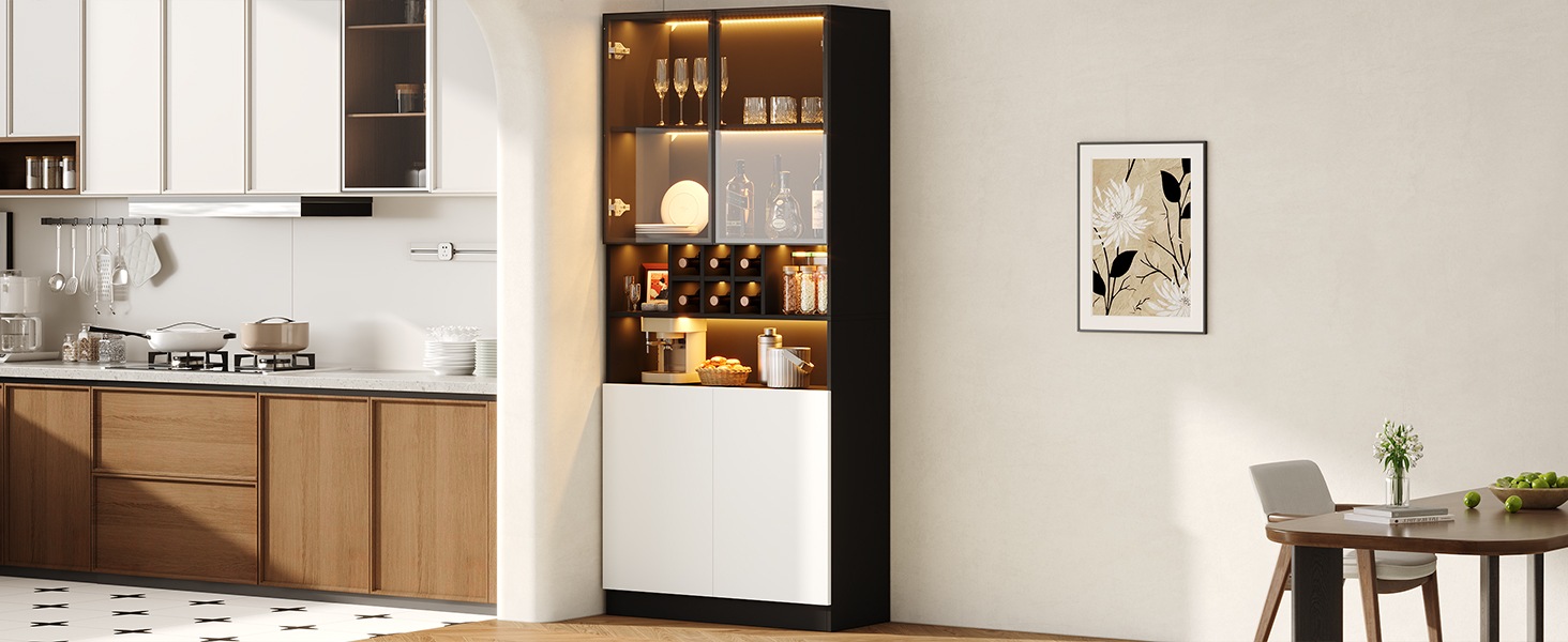 Vitrine Haute Noir - Éclairage LED, 2 Portes, Étagères, Portes en Verre, Rangement à Vin - Panneaux de Particules - 80×30×180cm 4