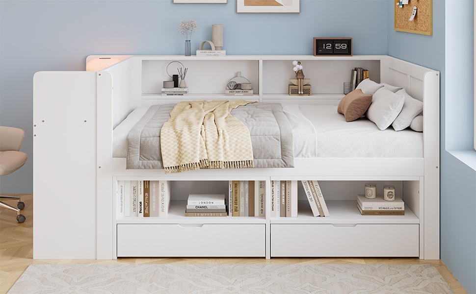 Lit Enfant Combiné Blanc - 2 Tiroirs, Bureau Intégré, Rangement Intégré, Sommier à Lattes - Bois - 240×140×100cm - Chambre Enfant 3