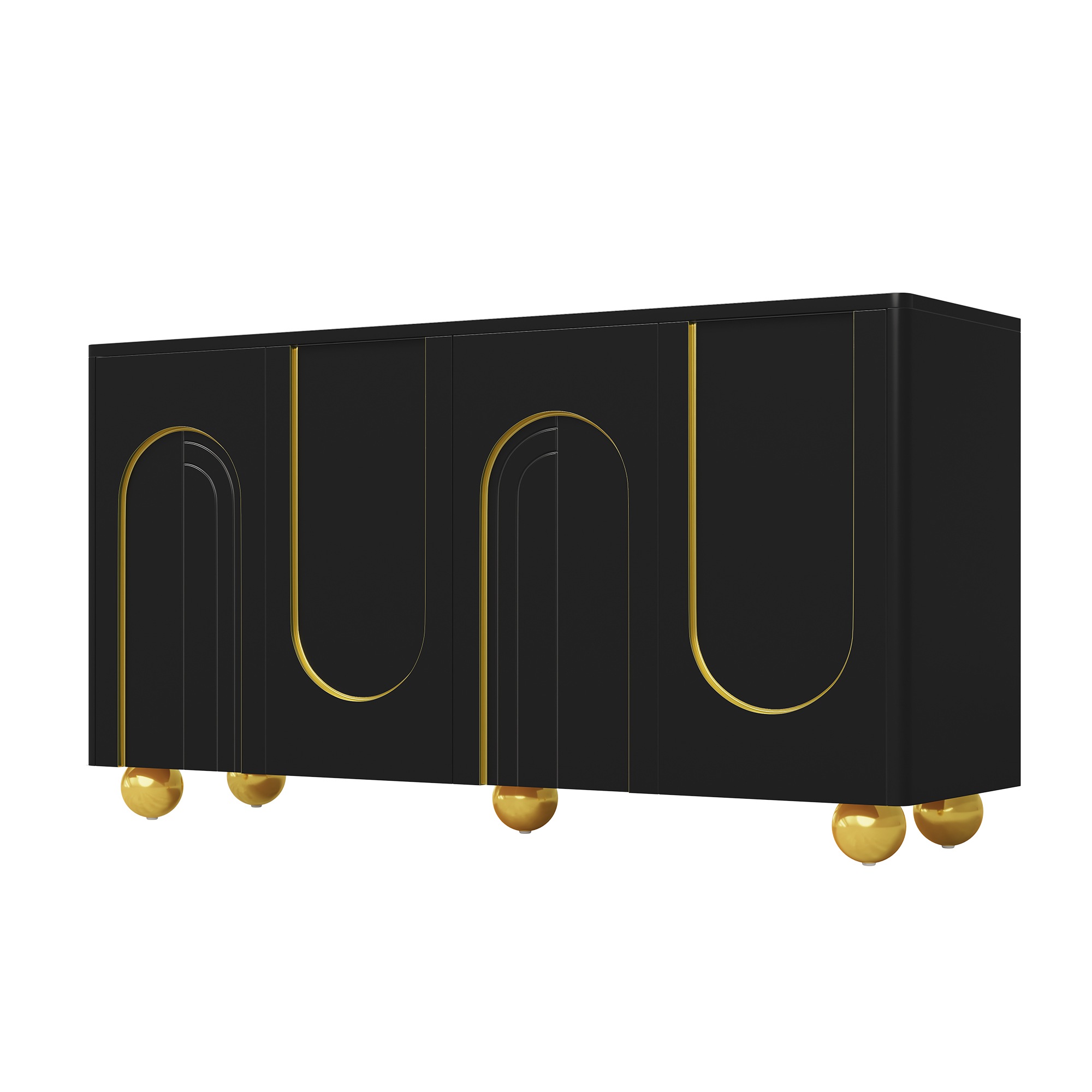 Buffet Noir - 4 Portes, Étagères, Fermeture Douce - MDF et Panneaux de Particules - 140×40×74cm - Salon et Salle à Manger 4
