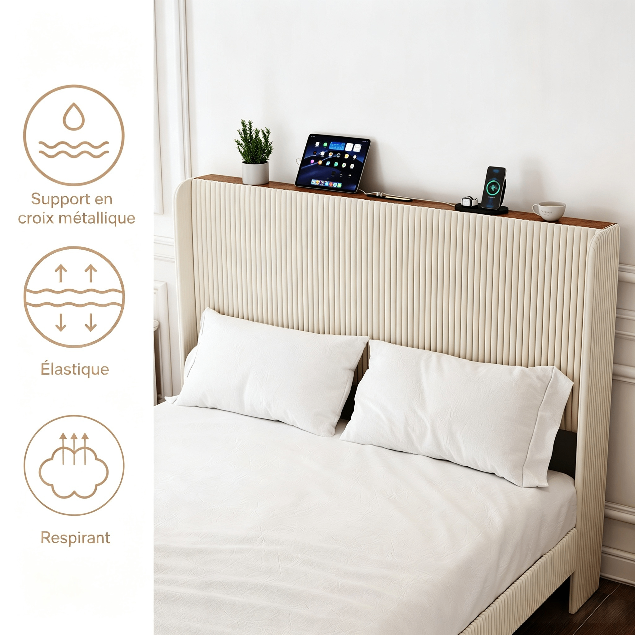 Cadre de lit plateforme 160x200 cm en corduroy beige vue 4
