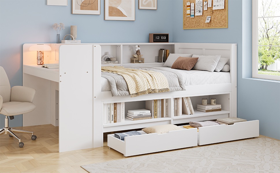 Lit Enfant Combiné Blanc - 2 Tiroirs, Bureau Intégré, Rangement Intégré, Sommier à Lattes - Bois - 240×140×100cm - Chambre Enfant 1