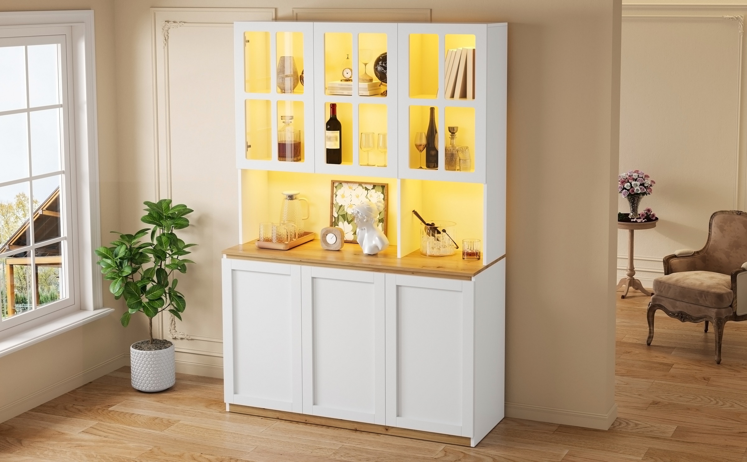 Vitrine Haute Blanc et Chêne - Éclairage LED, Portes, Étagères, Portes en Verre, Fermeture Douce, Rangement à Vin - MDF et Verre 4