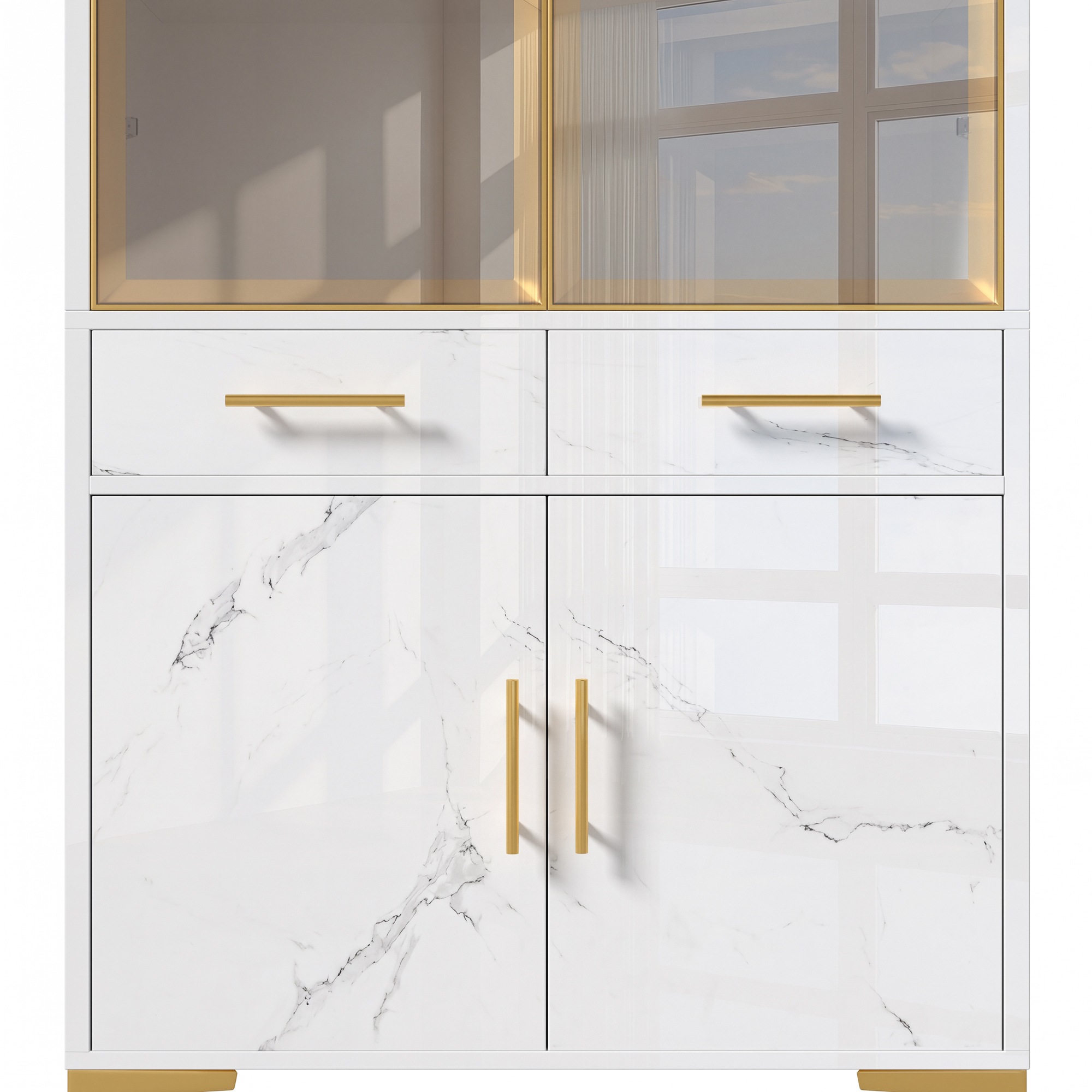 Vitrine Haute Blanc - Éclairage LED, 2 Tiroirs, Portes, Étagères, Portes en Verre - MDF et Panneaux de Particules - 75×38×170cm 4
