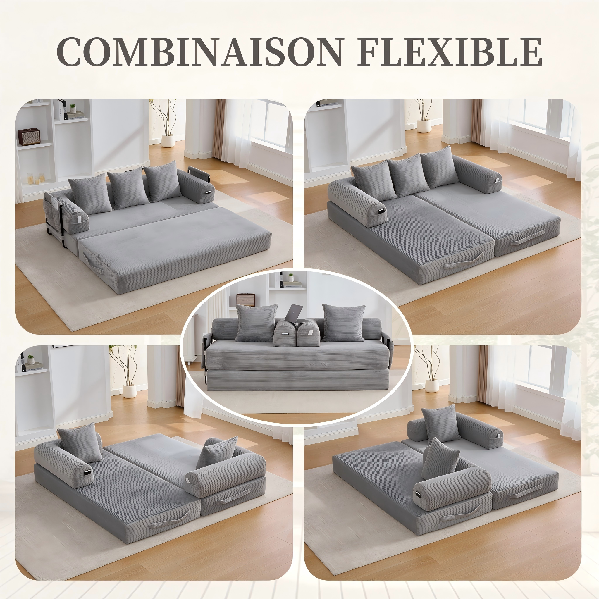 Canapé compressible gris clair en corduroy avec 3 coussins - vue 4
